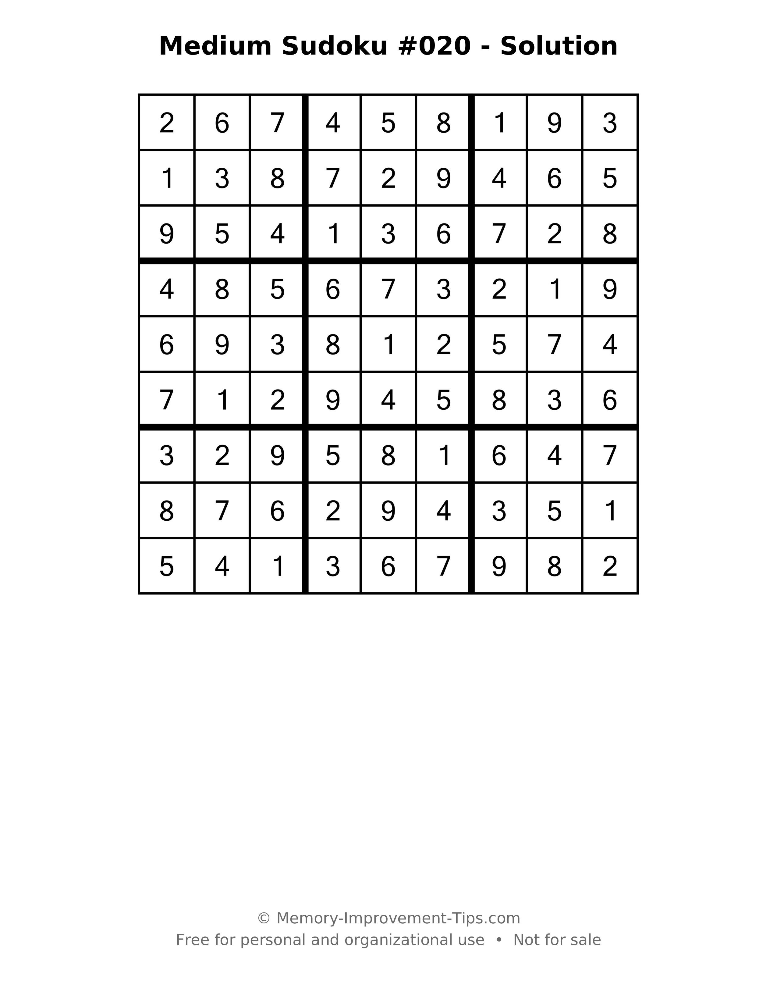 Printable solution: Medium Sudoku #020 - Solution