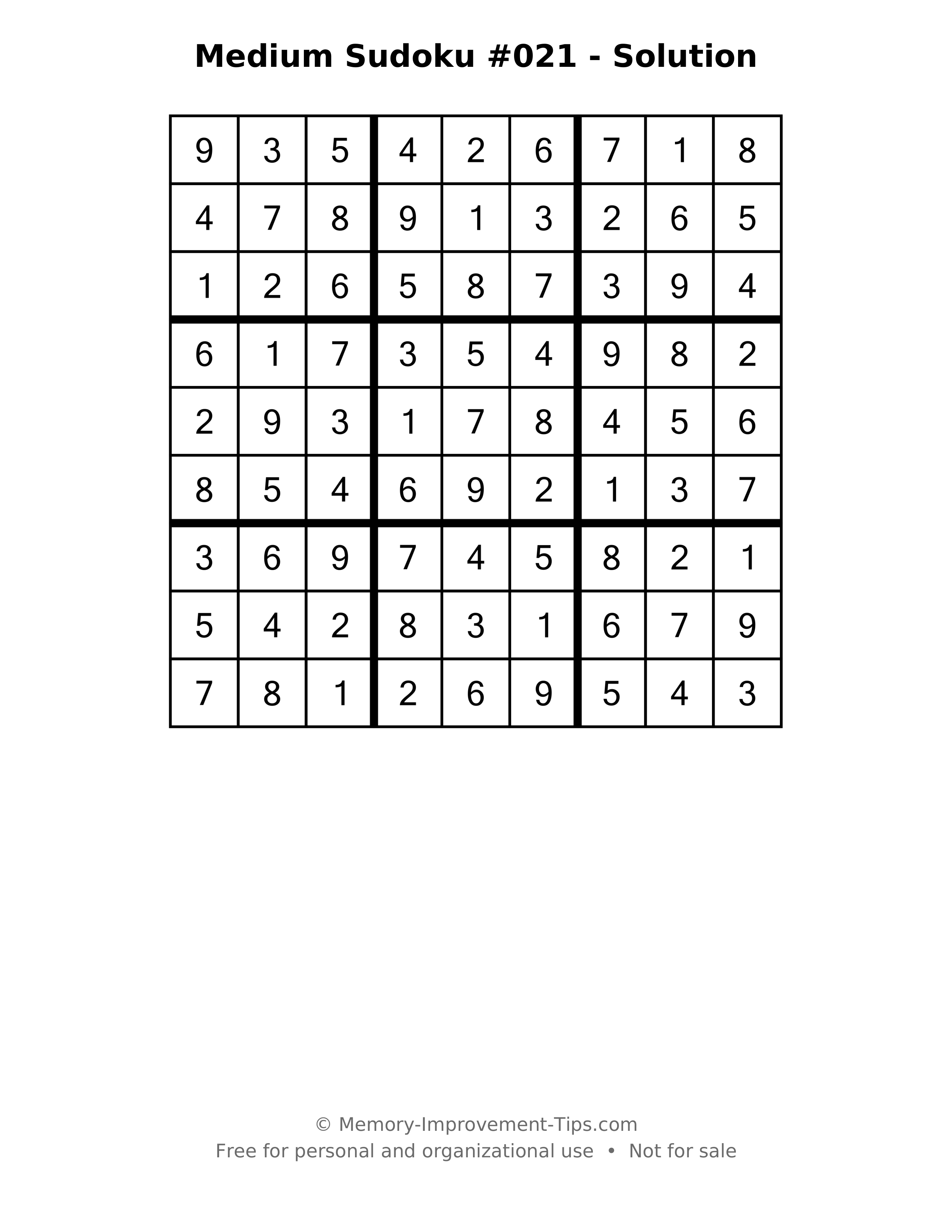 Printable solution: Medium Sudoku #021 - Solution