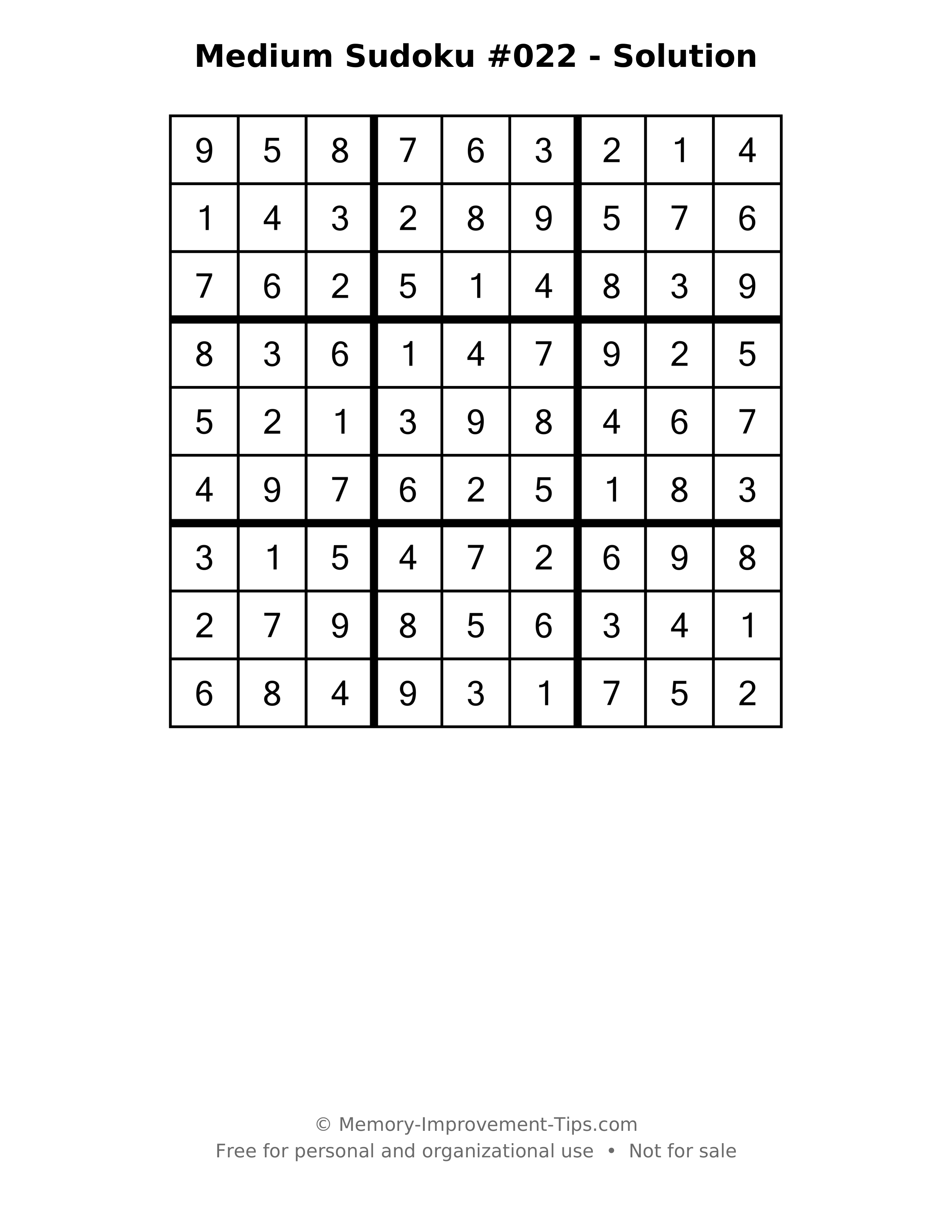 Printable solution: Medium Sudoku #022 - Solution