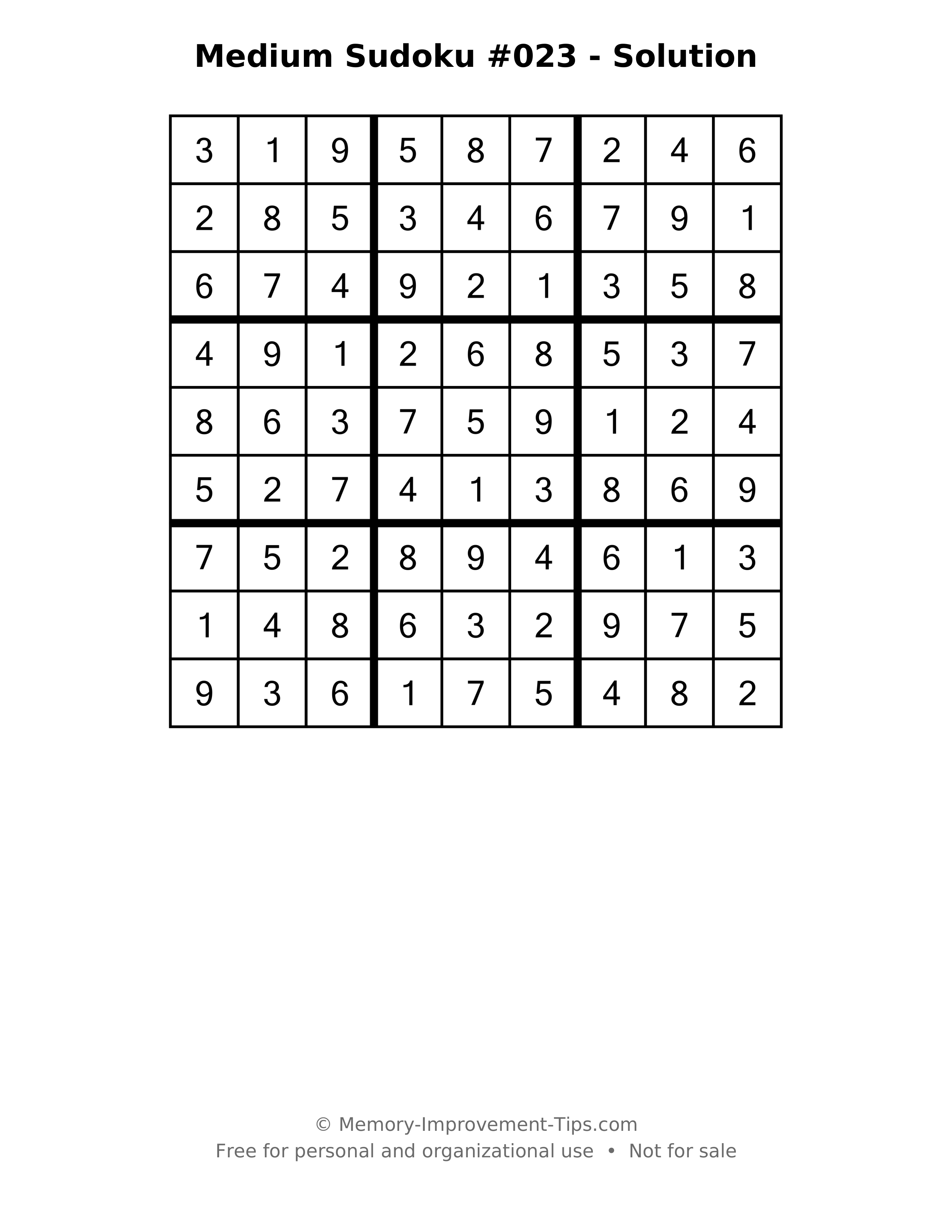 Printable solution: Medium Sudoku #023 - Solution