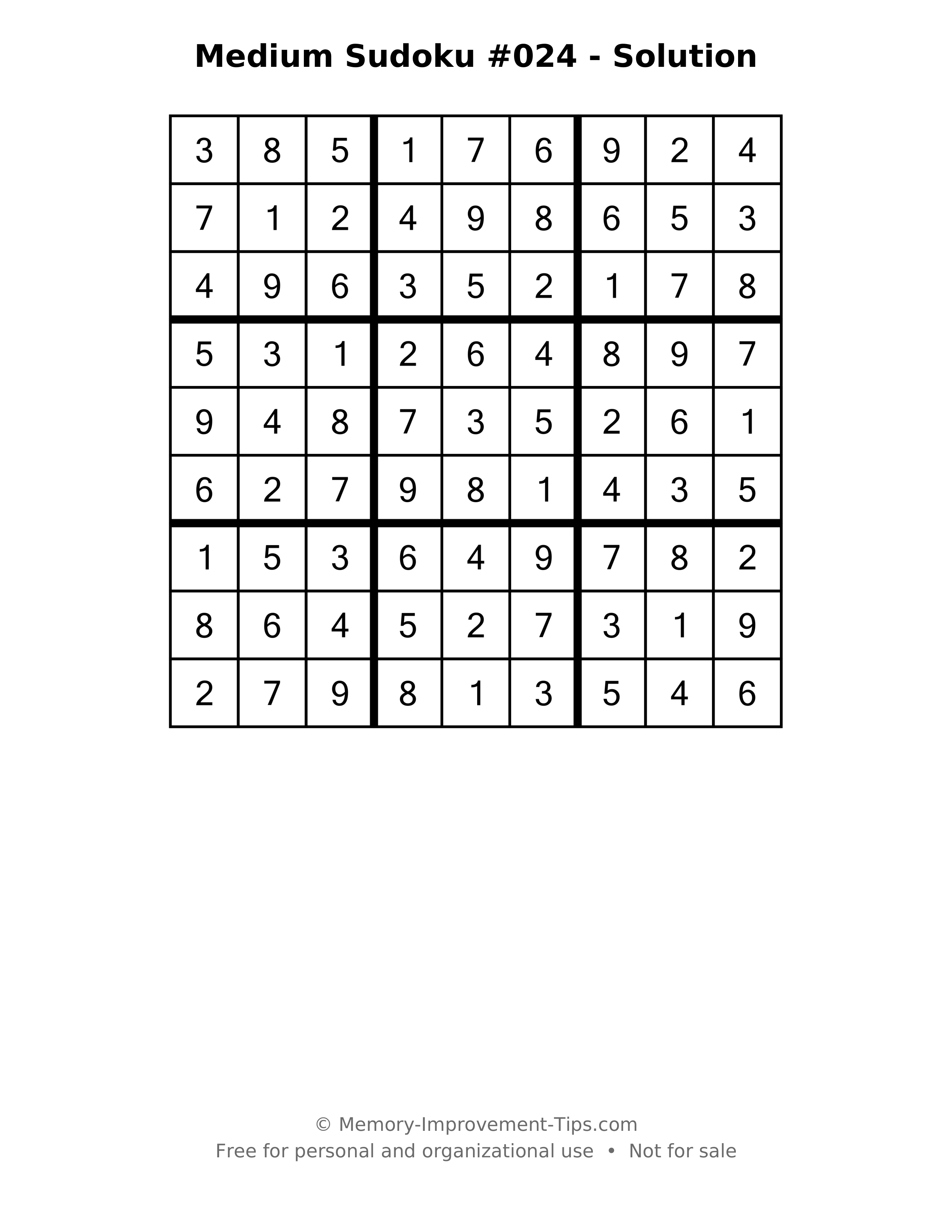 Printable solution: Medium Sudoku #024 - Solution