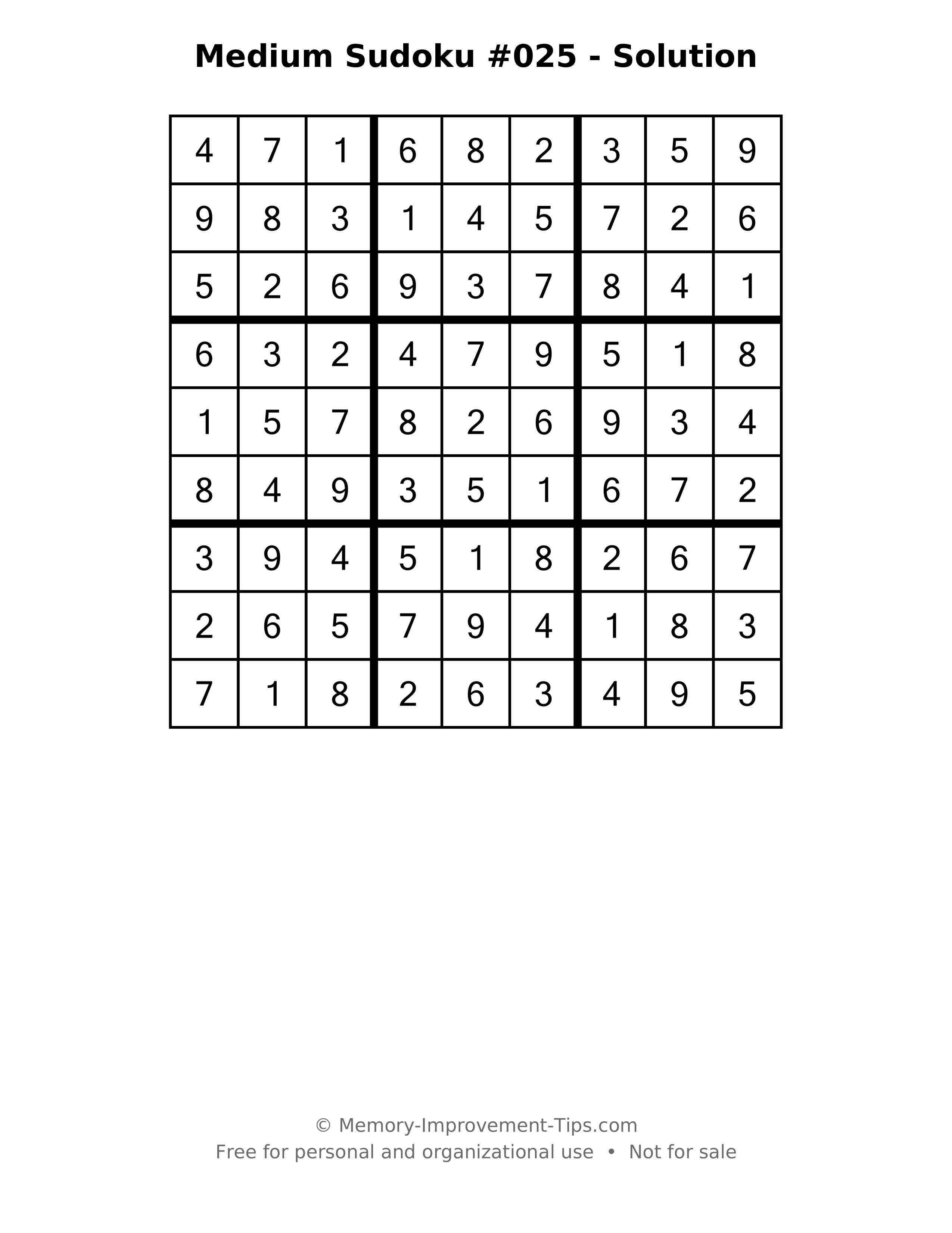 Printable solution: Medium Sudoku #025 - Solution