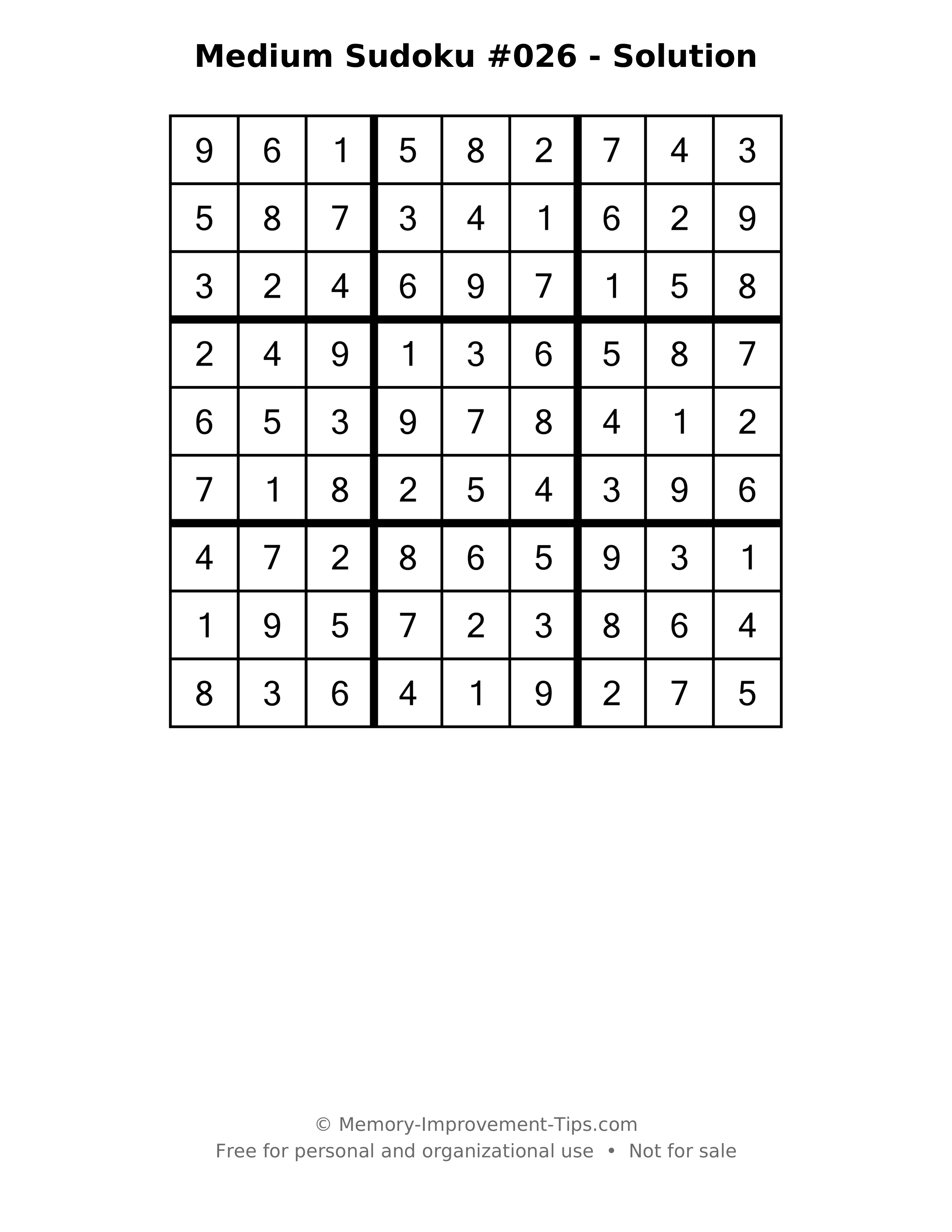 Printable solution: Medium Sudoku #026 - Solution