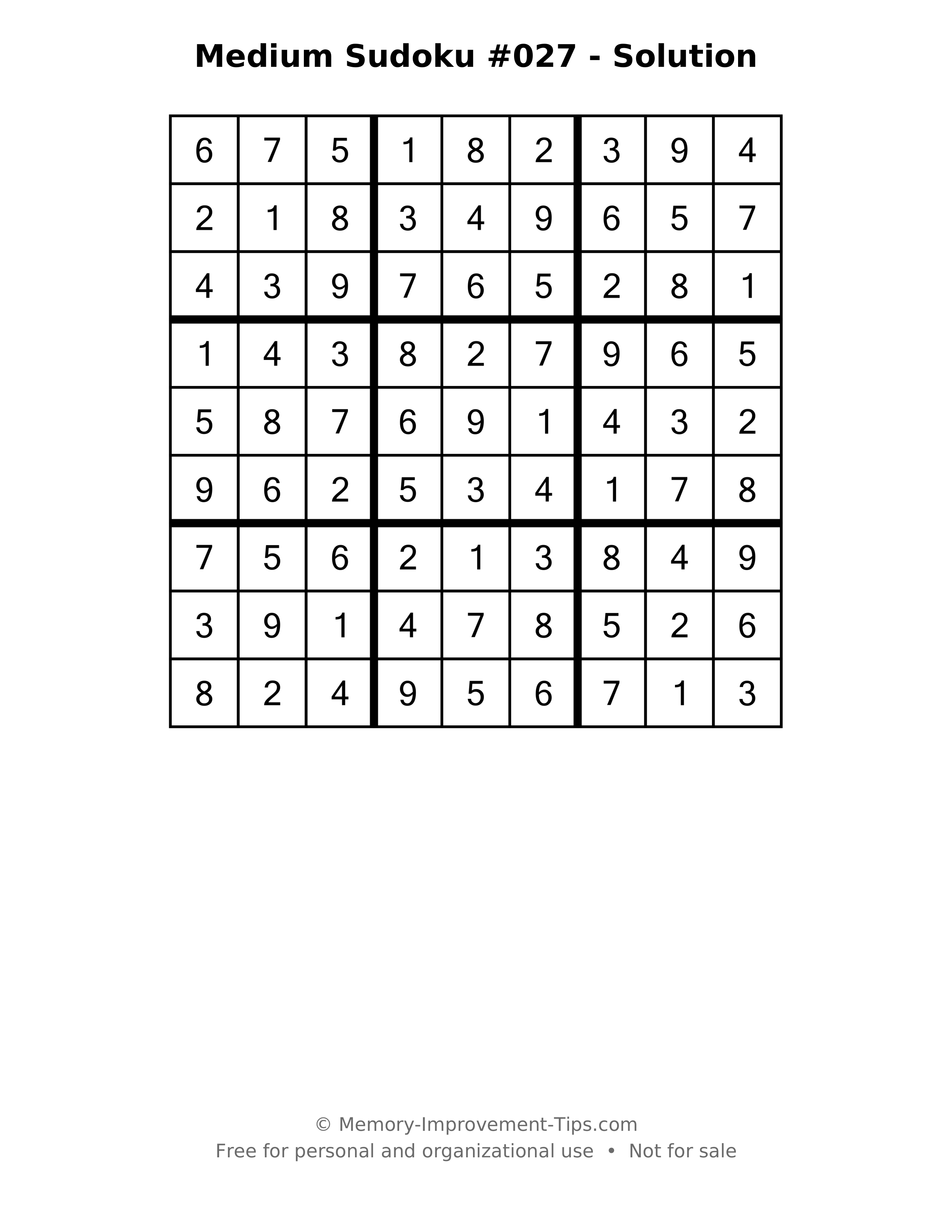 Printable solution: Medium Sudoku #027 - Solution