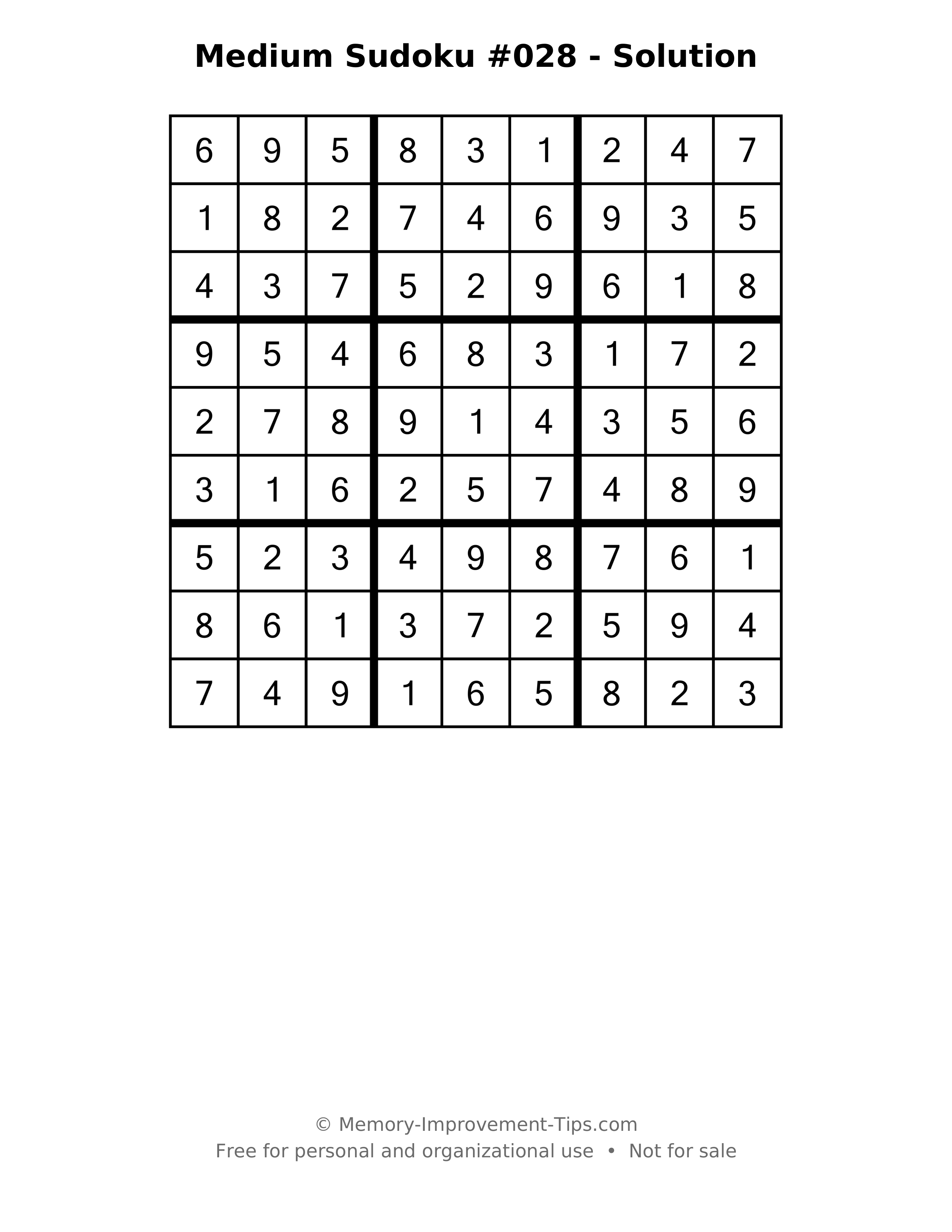 Printable solution: Medium Sudoku #028 - Solution