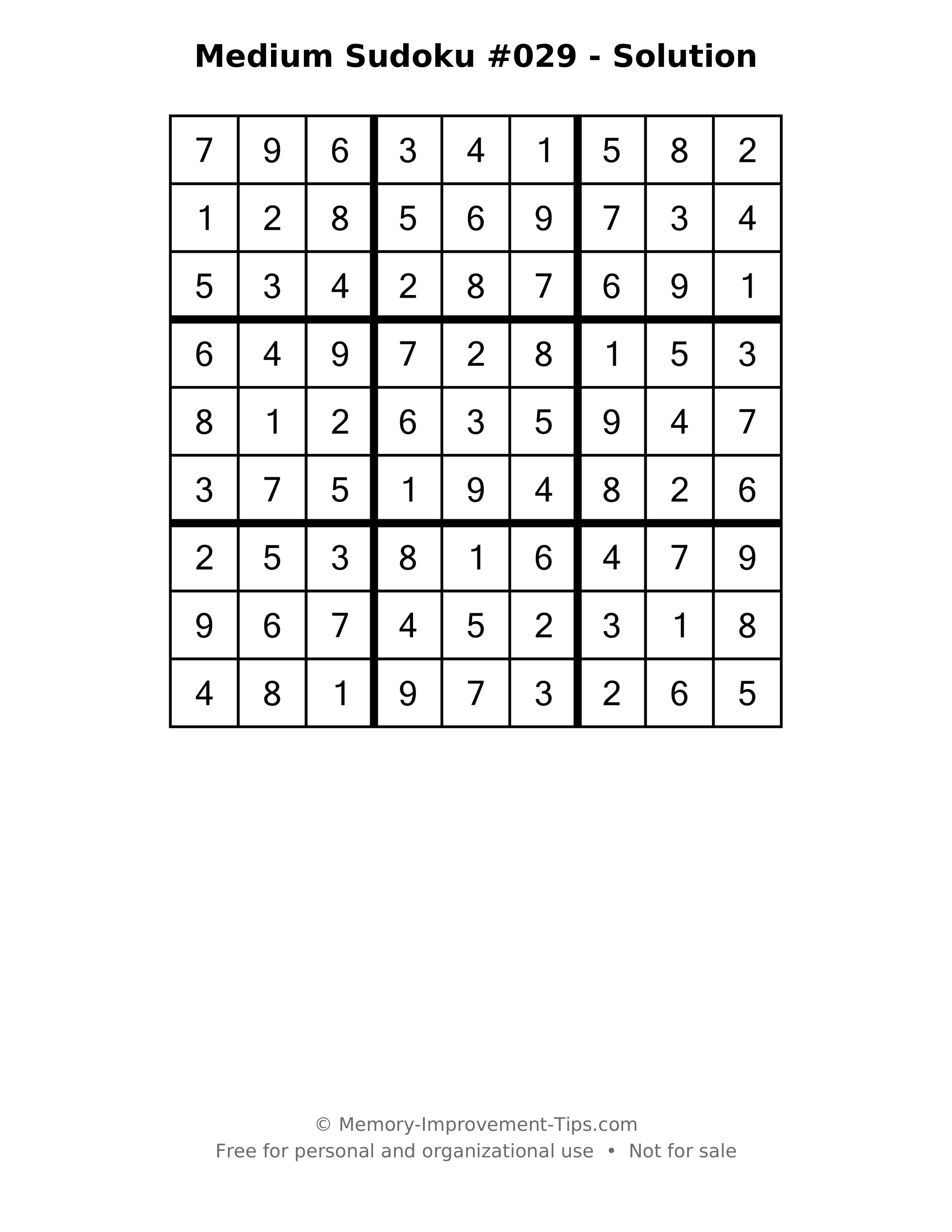 Printable solution: Medium Sudoku #029 - Solution