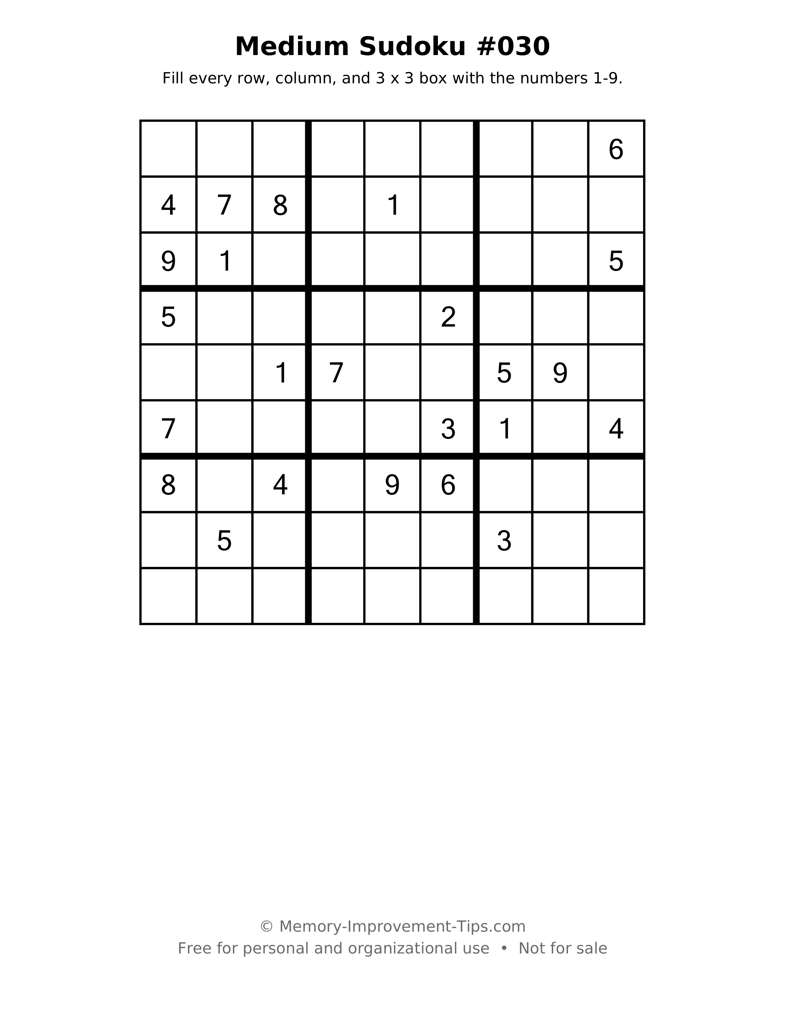 Printable puzzle: Medium Sudoku #030