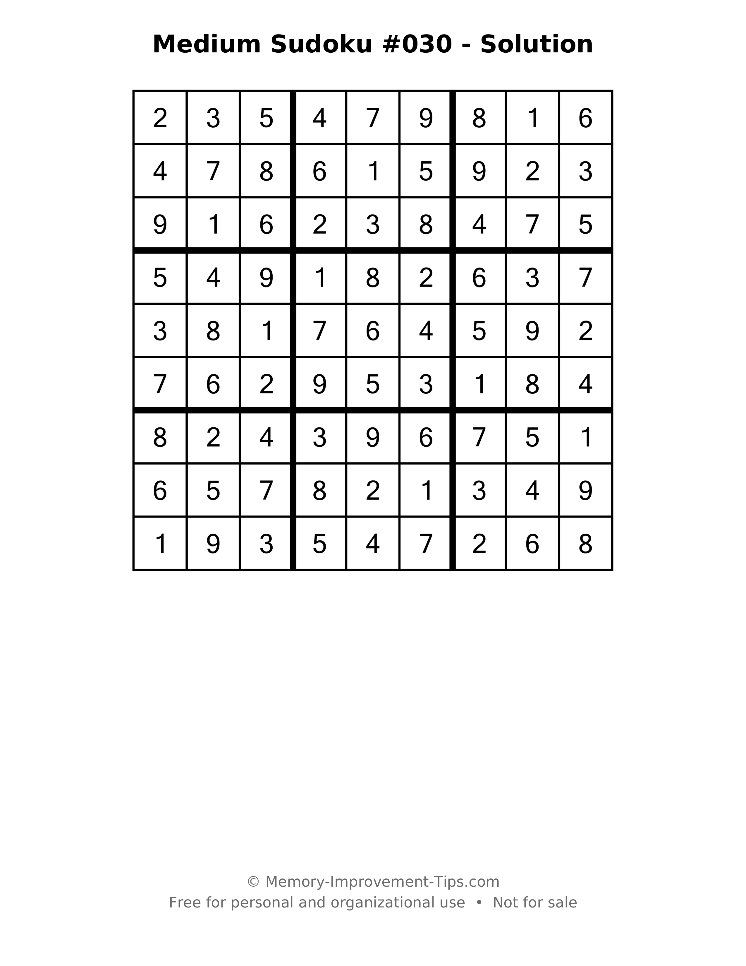 Printable solution: Medium Sudoku #030 - Solution