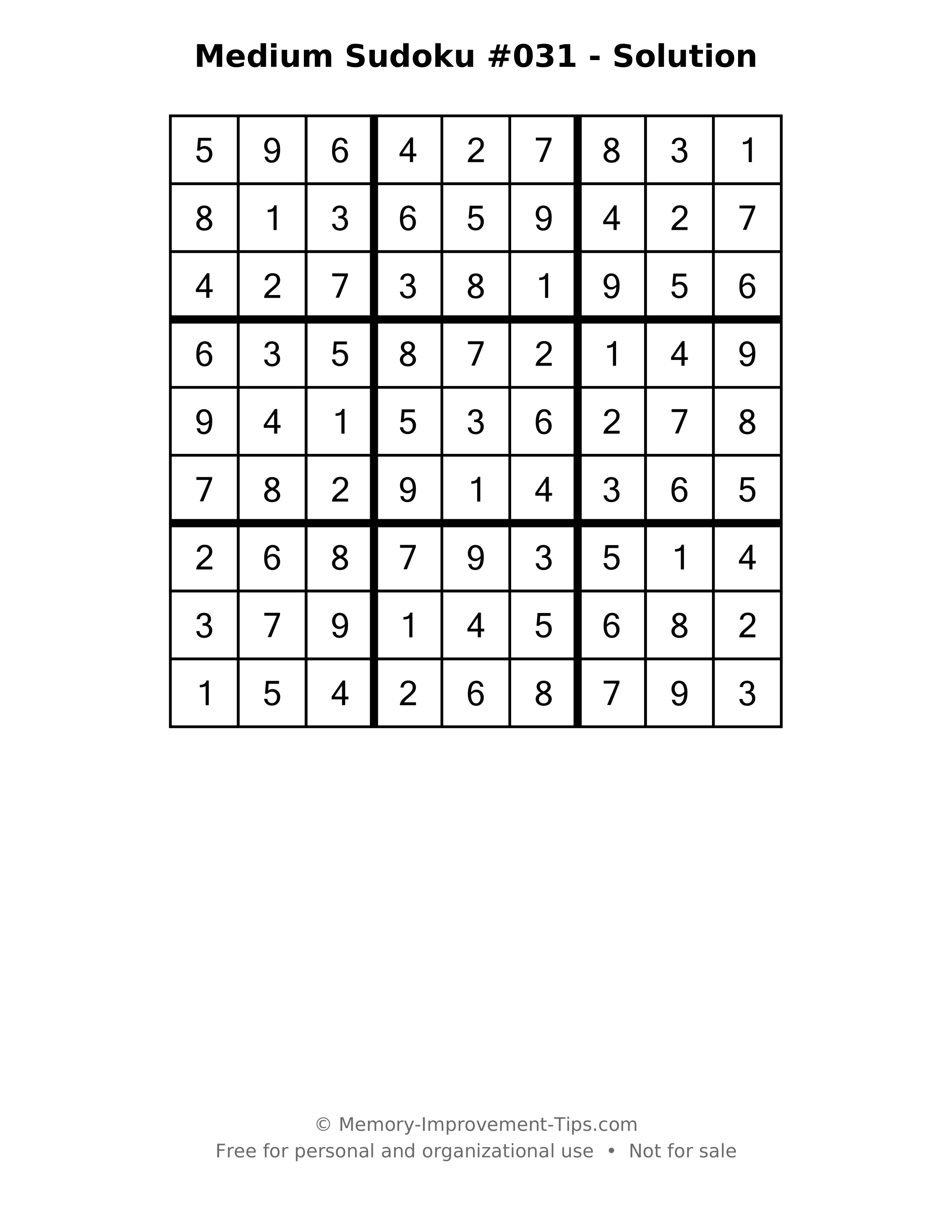 Printable solution: Medium Sudoku #031 - Solution