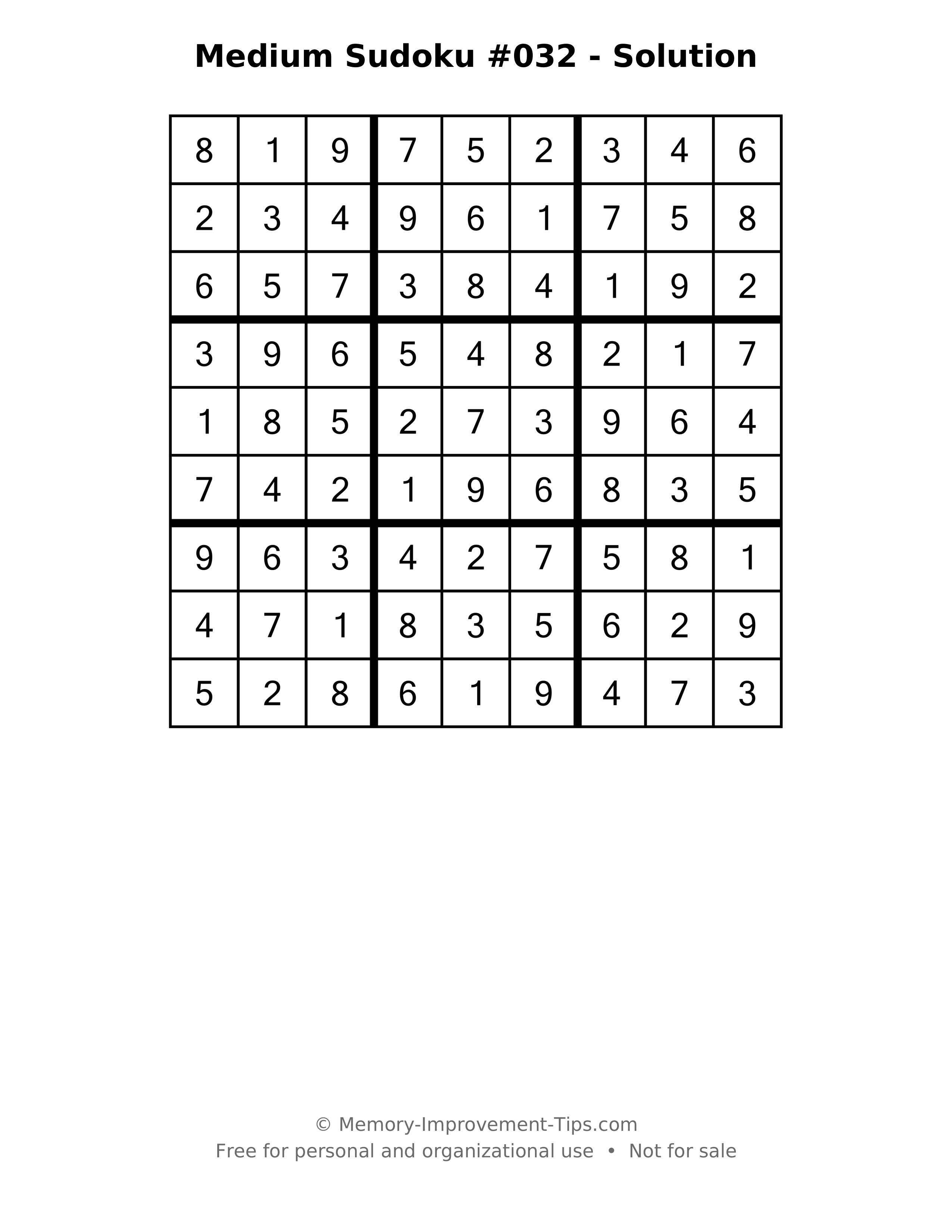 Printable solution: Medium Sudoku #032 - Solution