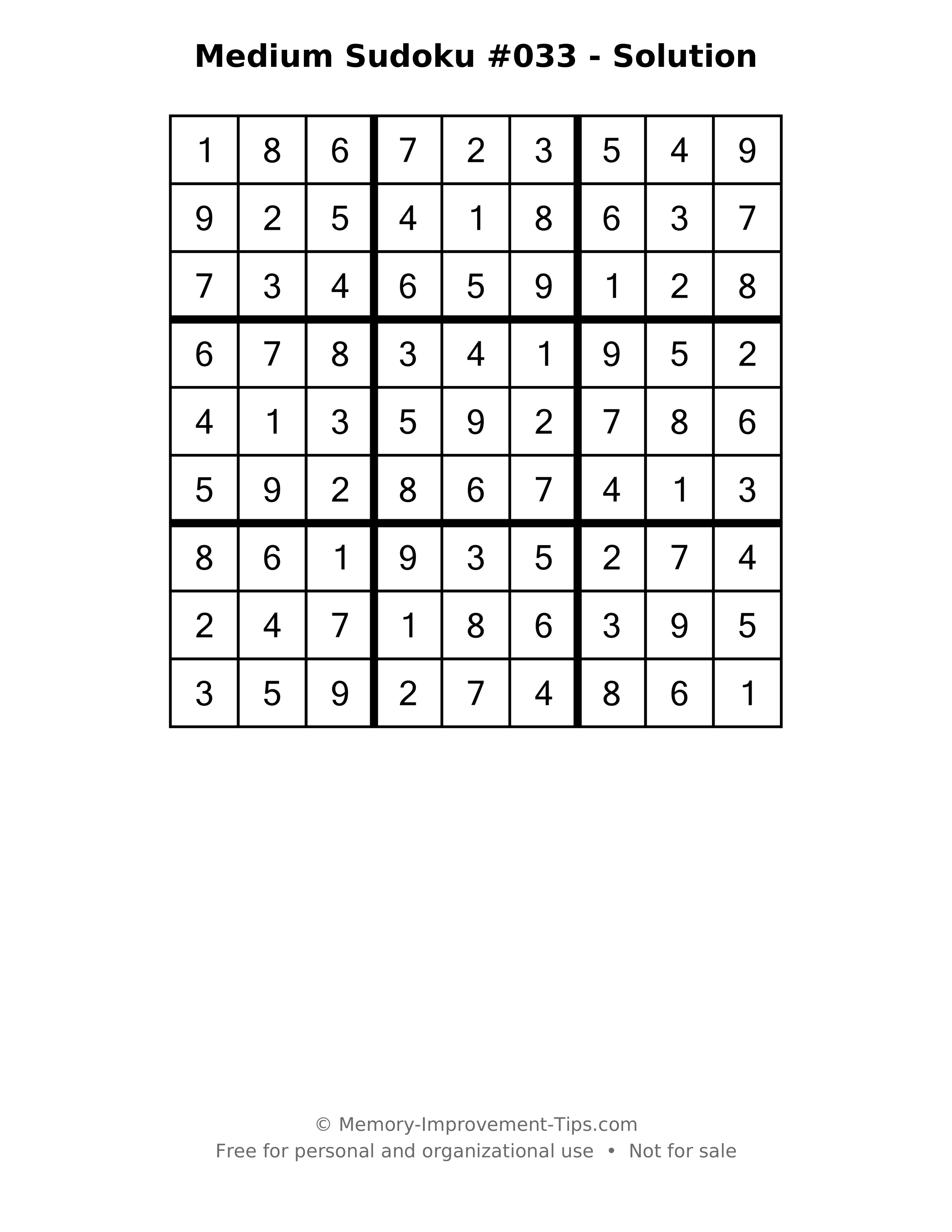 Printable solution: Medium Sudoku #033 - Solution