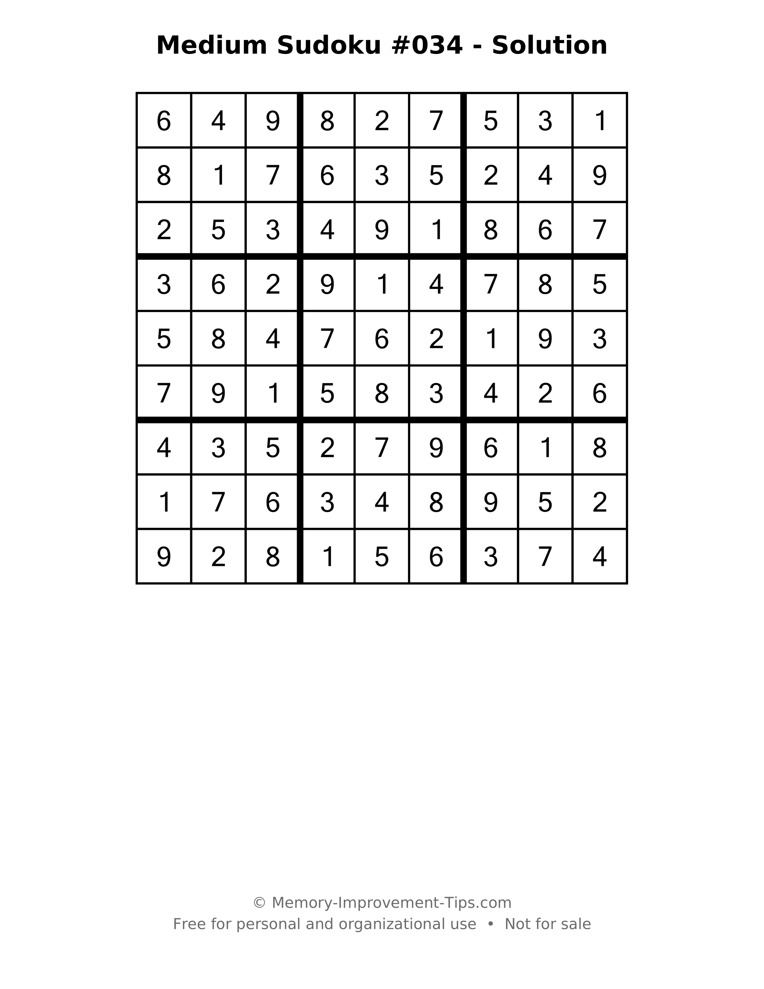 Printable solution: Medium Sudoku #034 - Solution