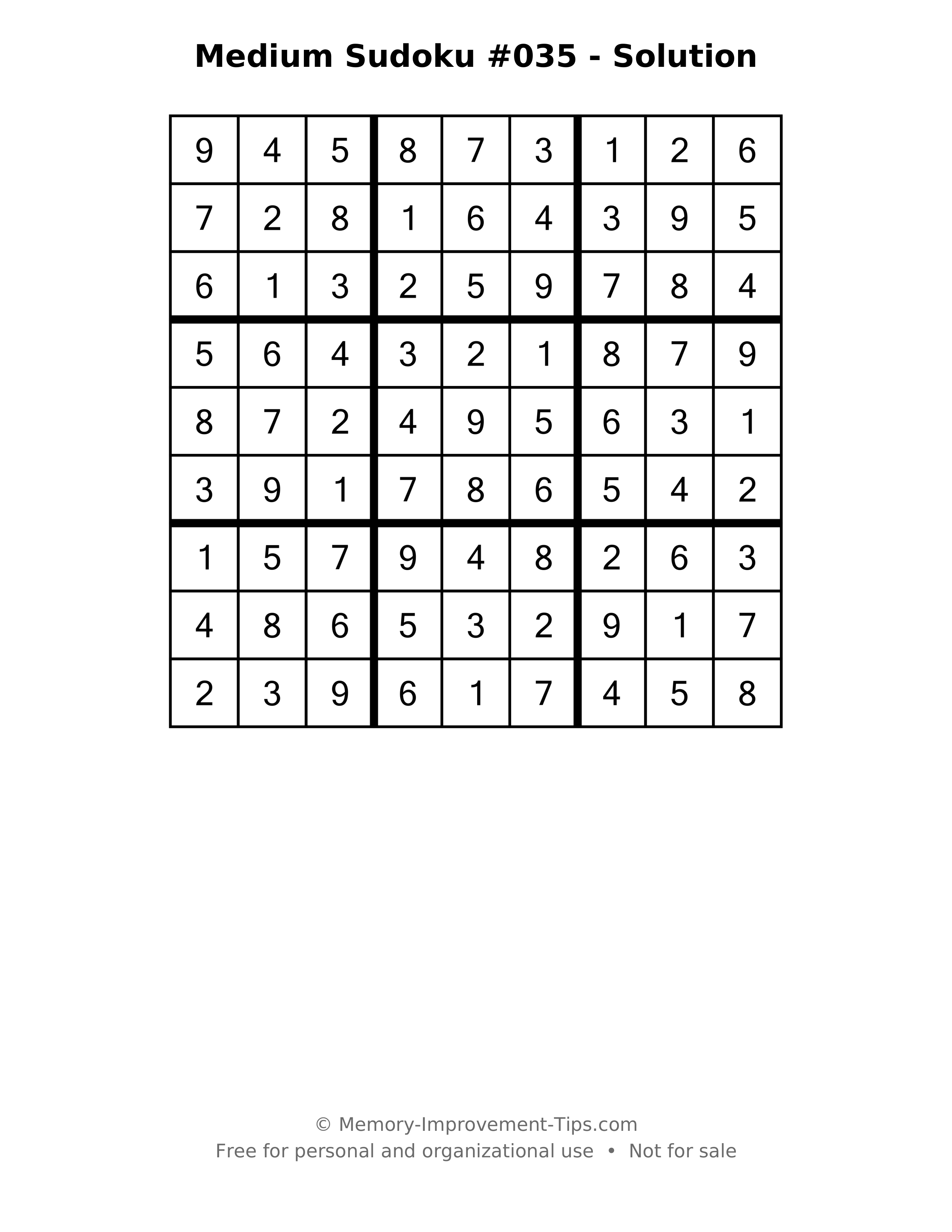 Printable solution: Medium Sudoku #035 - Solution