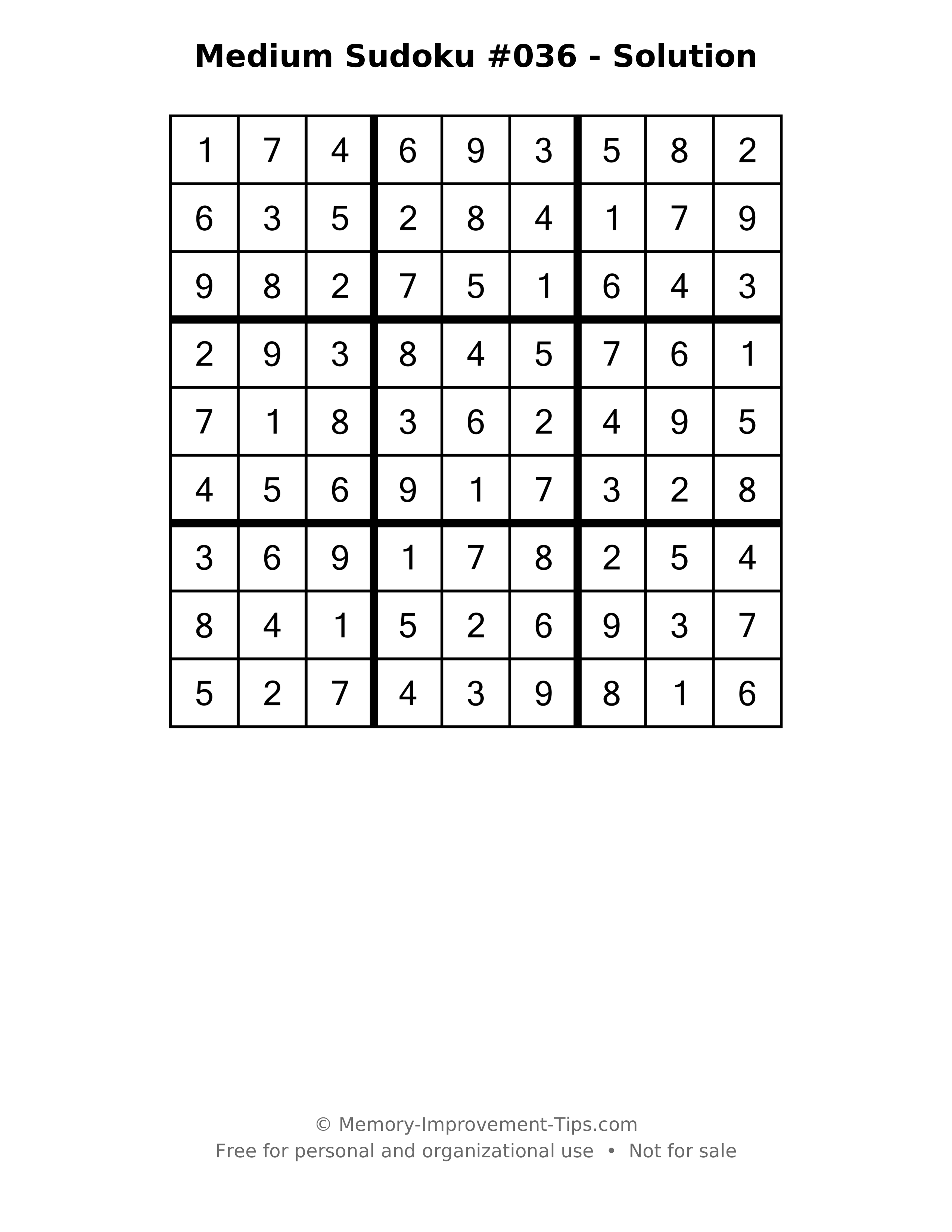 Printable solution: Medium Sudoku #036 - Solution