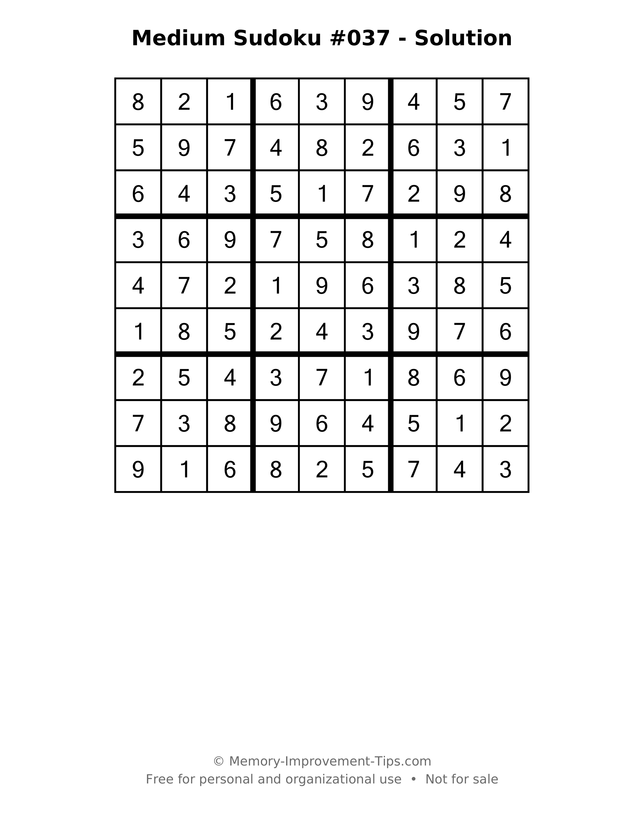 Printable solution: Medium Sudoku #037 - Solution