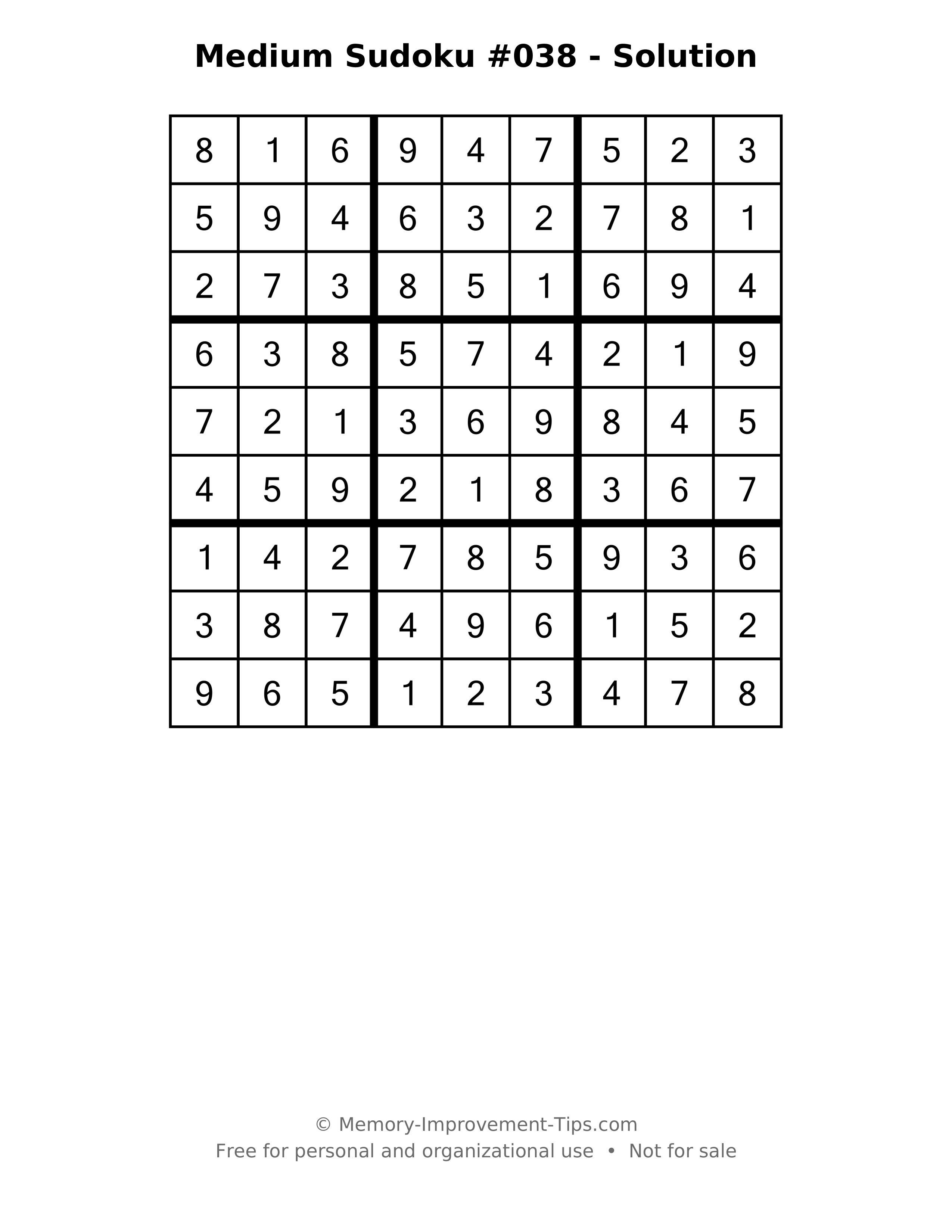 Printable solution: Medium Sudoku #038 - Solution