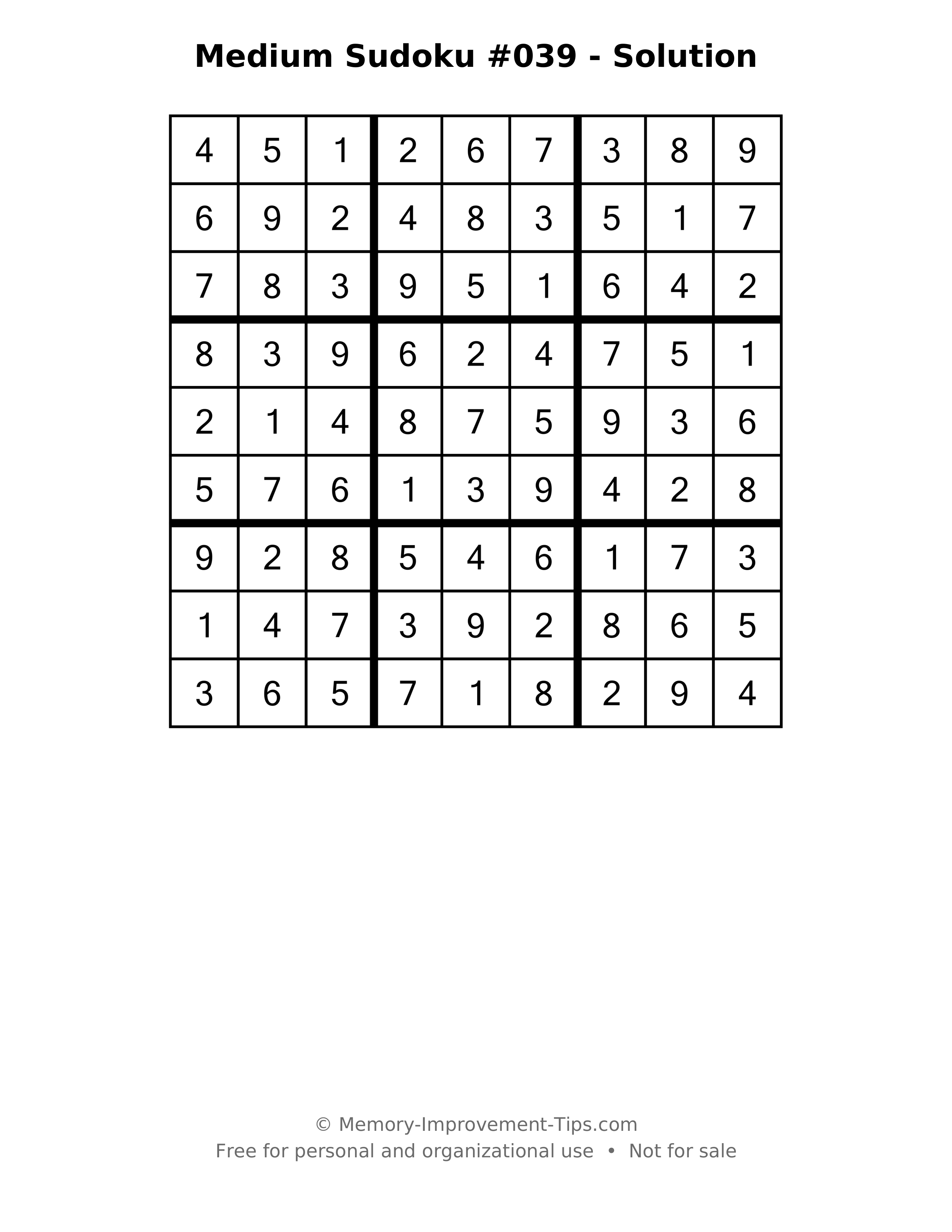 Printable solution: Medium Sudoku #039 - Solution