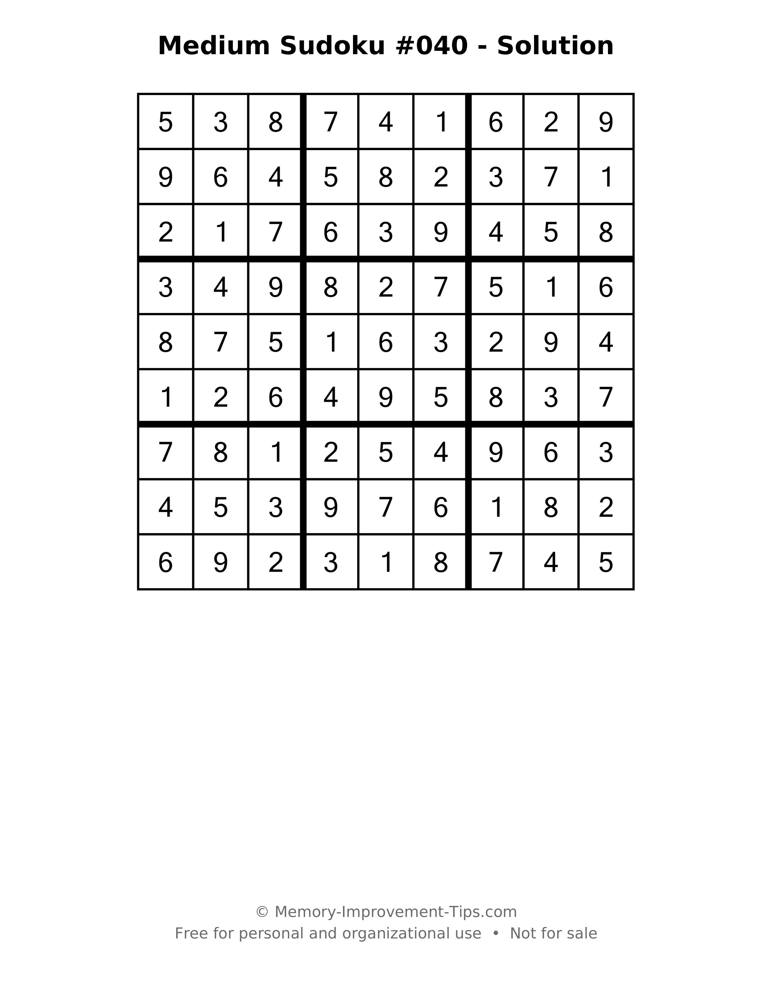 Printable solution: Medium Sudoku #040 - Solution
