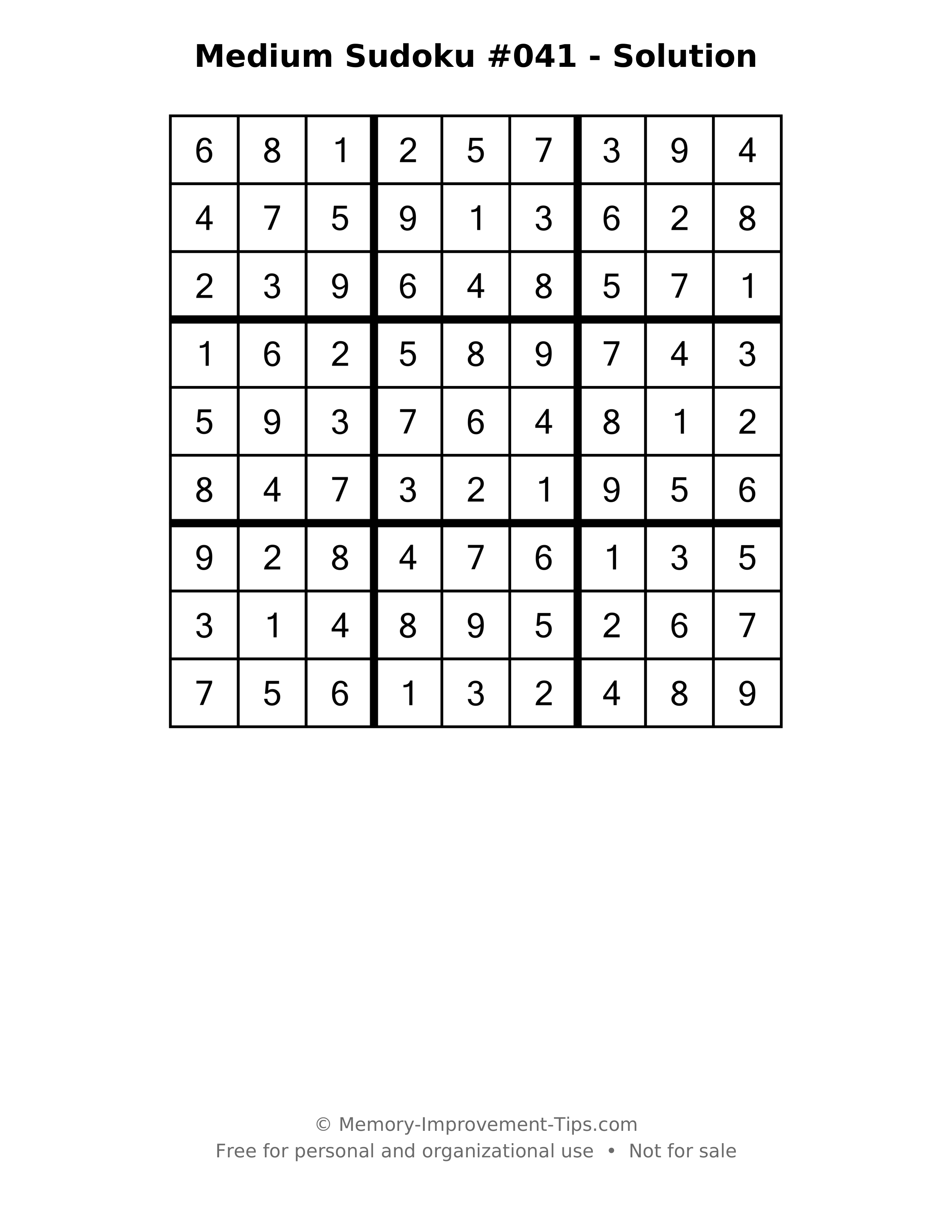 Printable solution: Medium Sudoku #041 - Solution