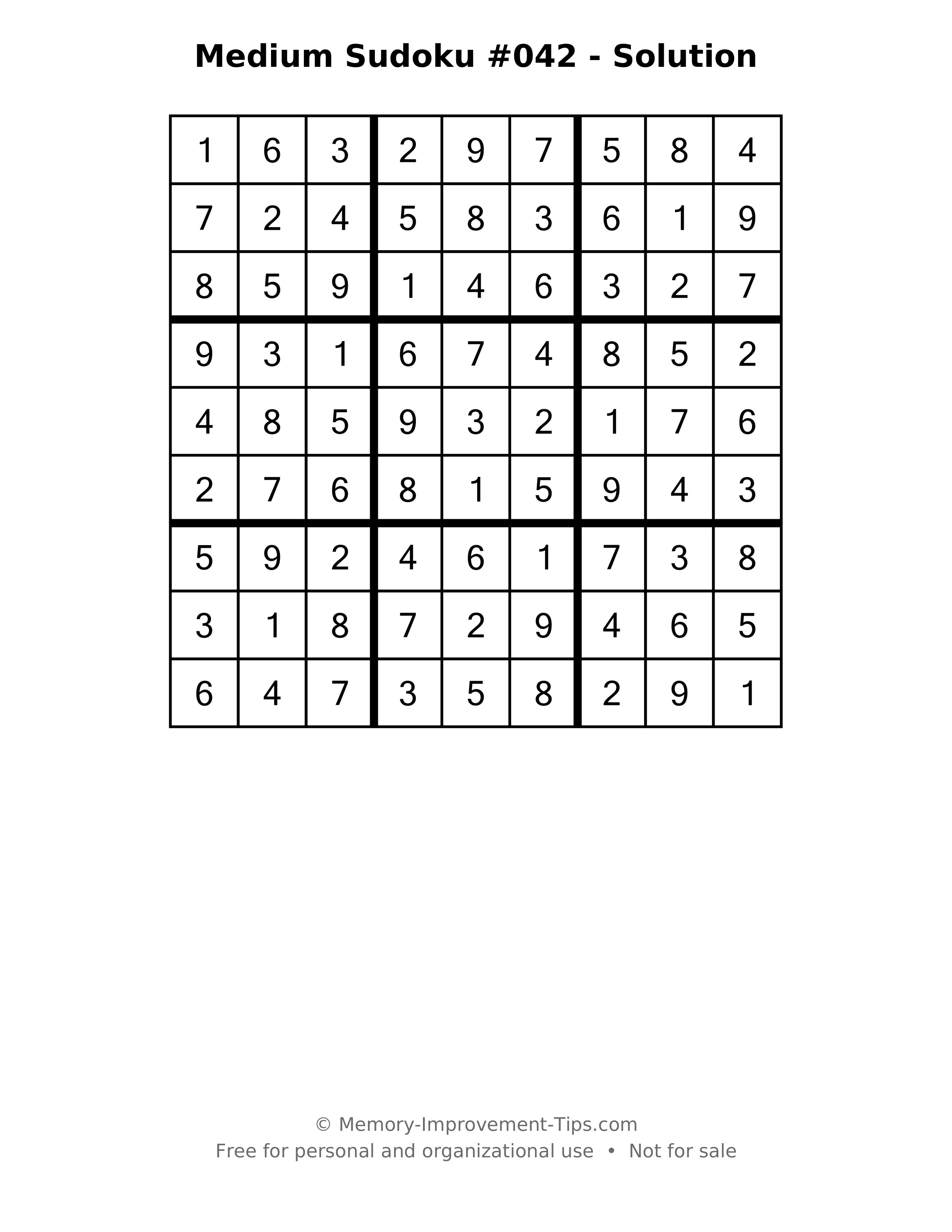 Printable solution: Medium Sudoku #042 - Solution