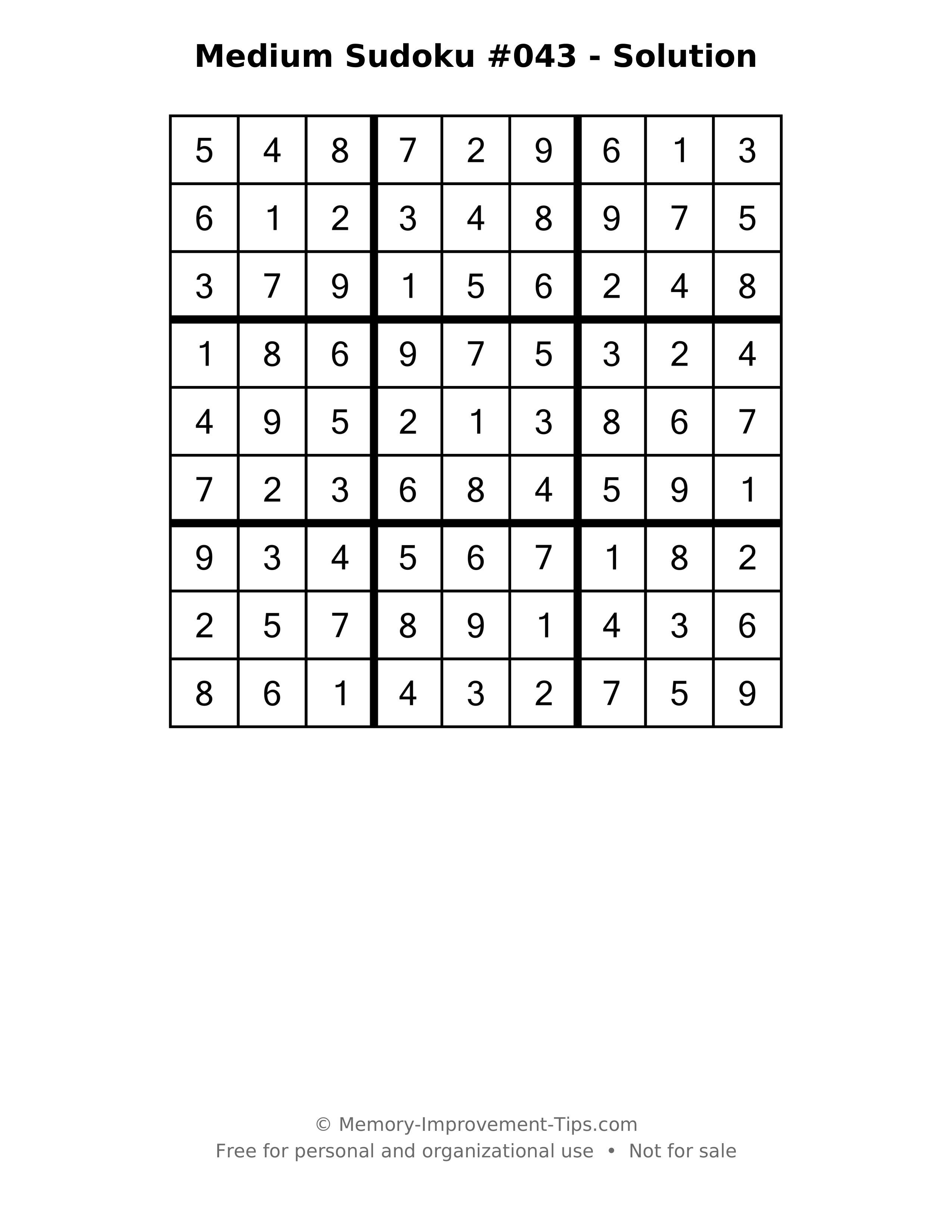 Printable solution: Medium Sudoku #043 - Solution