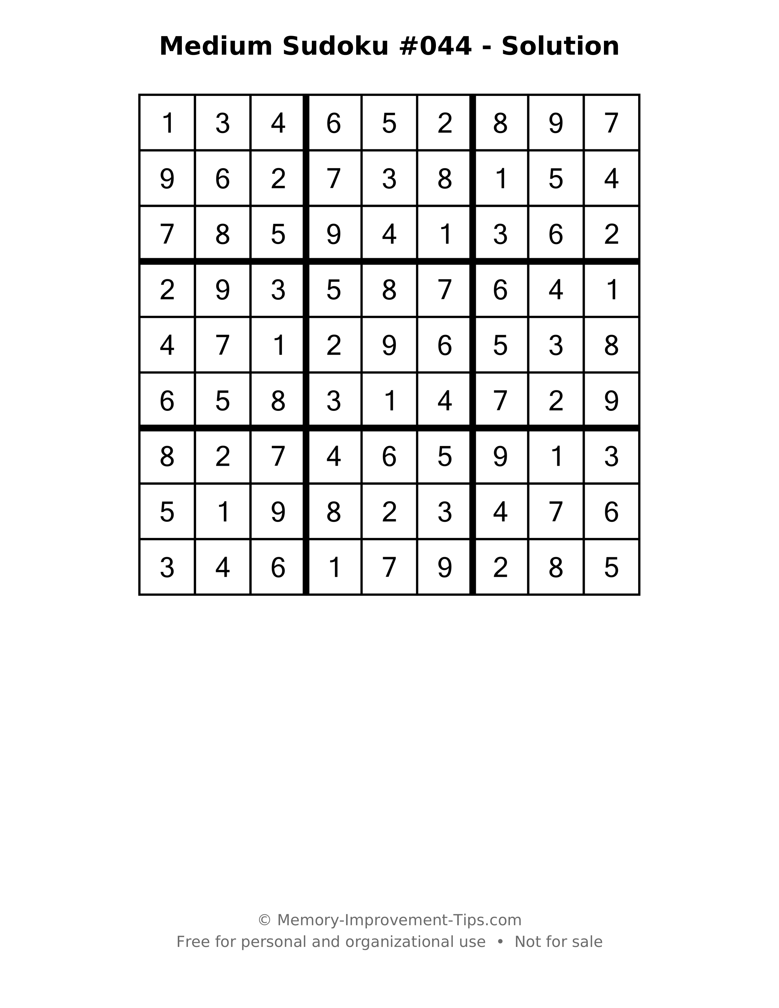 Printable solution: Medium Sudoku #044 - Solution