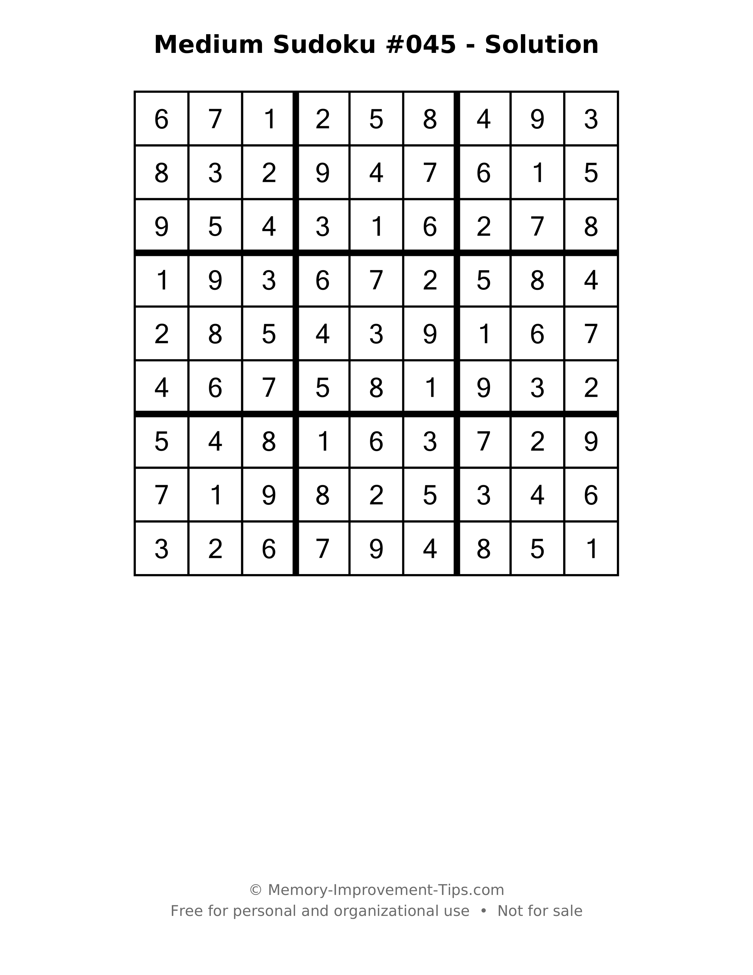 Printable solution: Medium Sudoku #045 - Solution