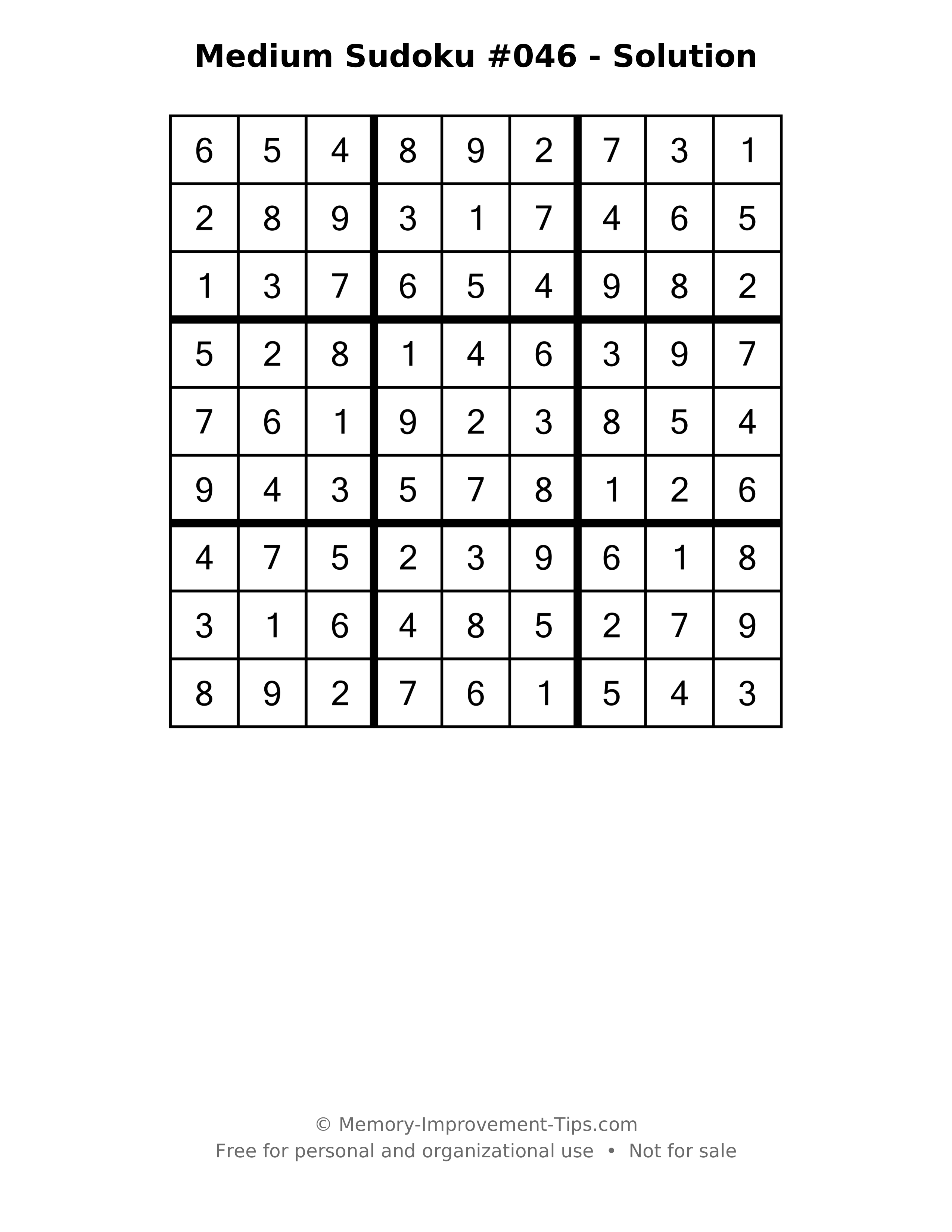 Printable solution: Medium Sudoku #046 - Solution