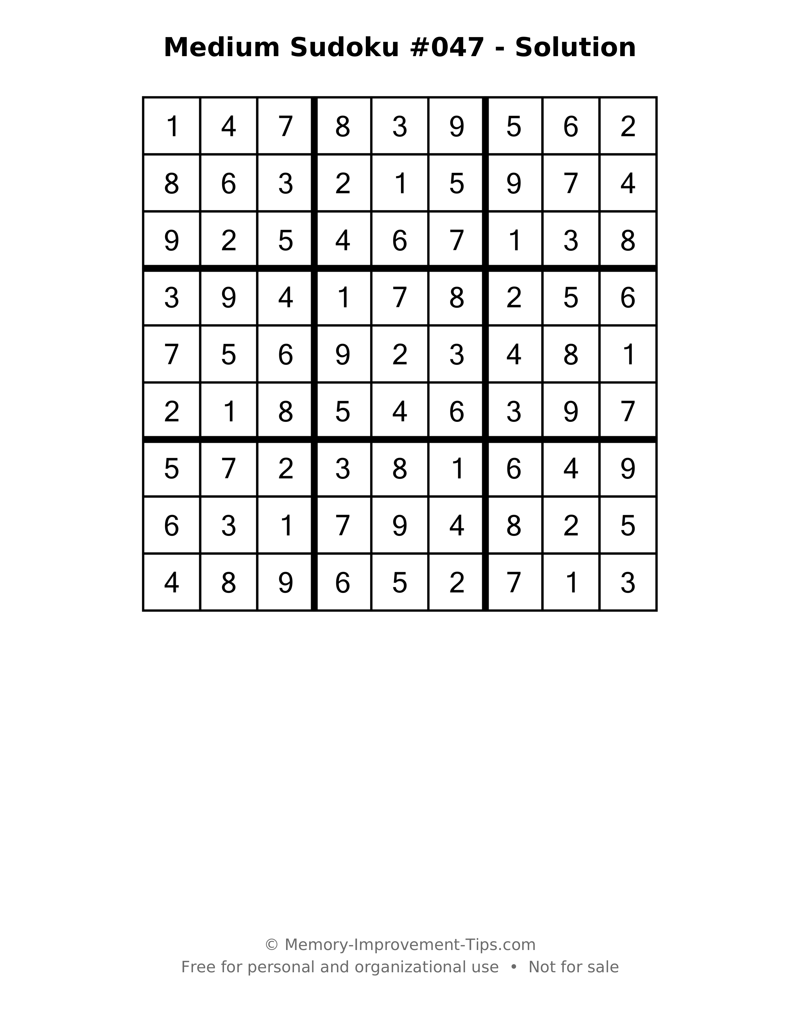 Printable solution: Medium Sudoku #047 - Solution