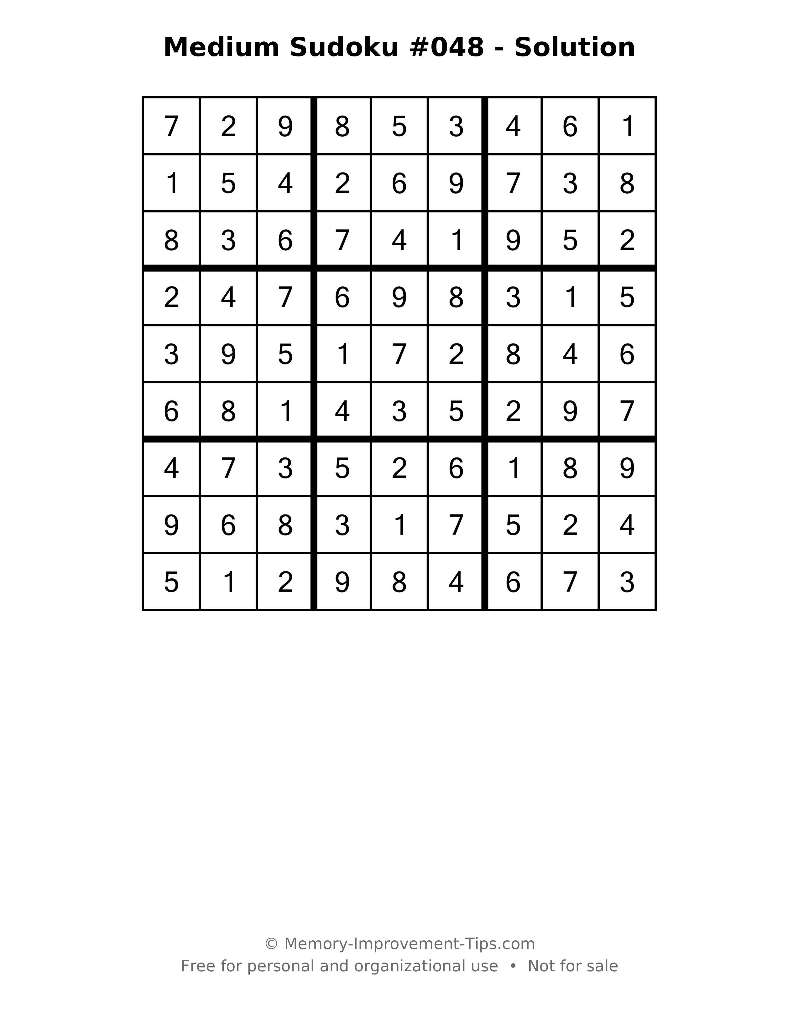 Printable solution: Medium Sudoku #048 - Solution