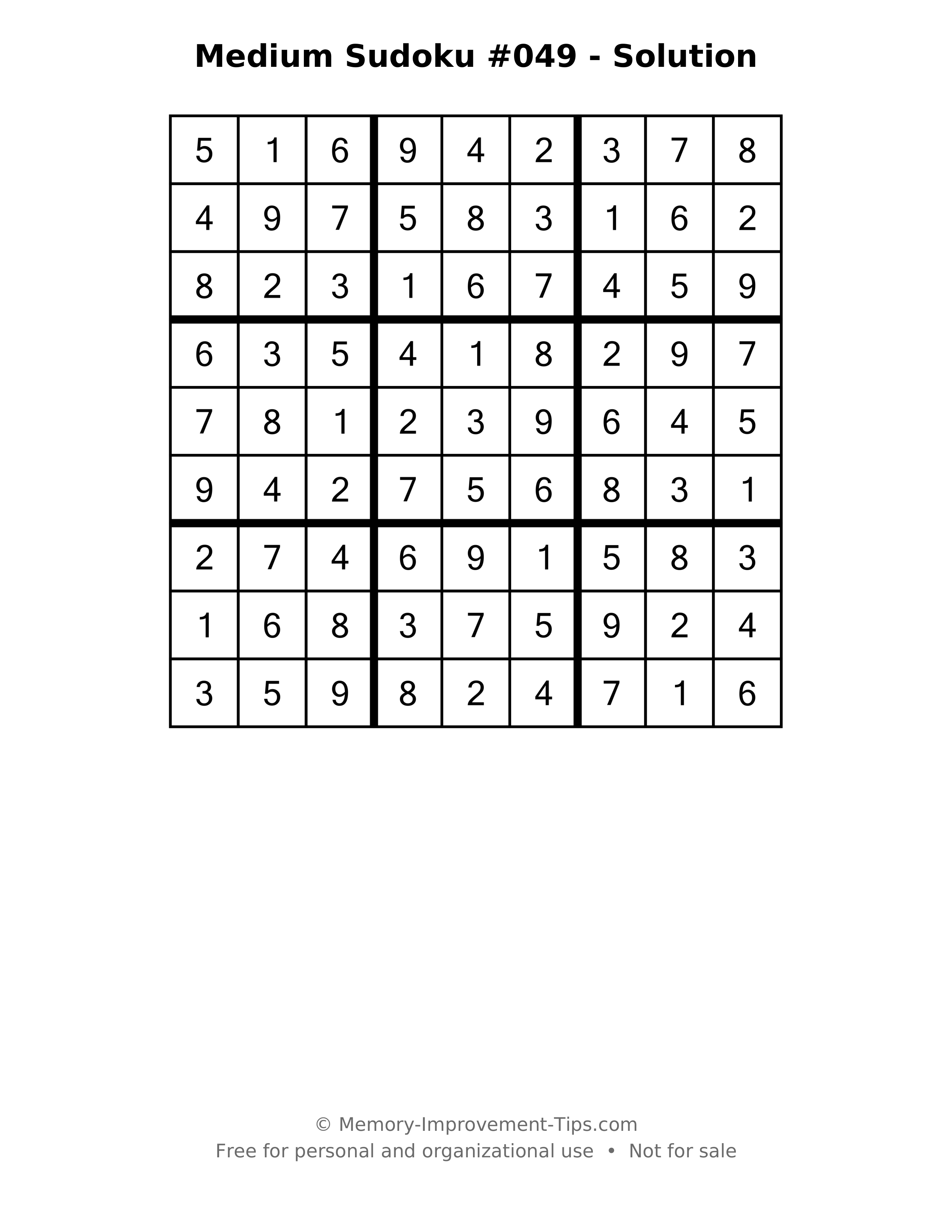 Printable solution: Medium Sudoku #049 - Solution