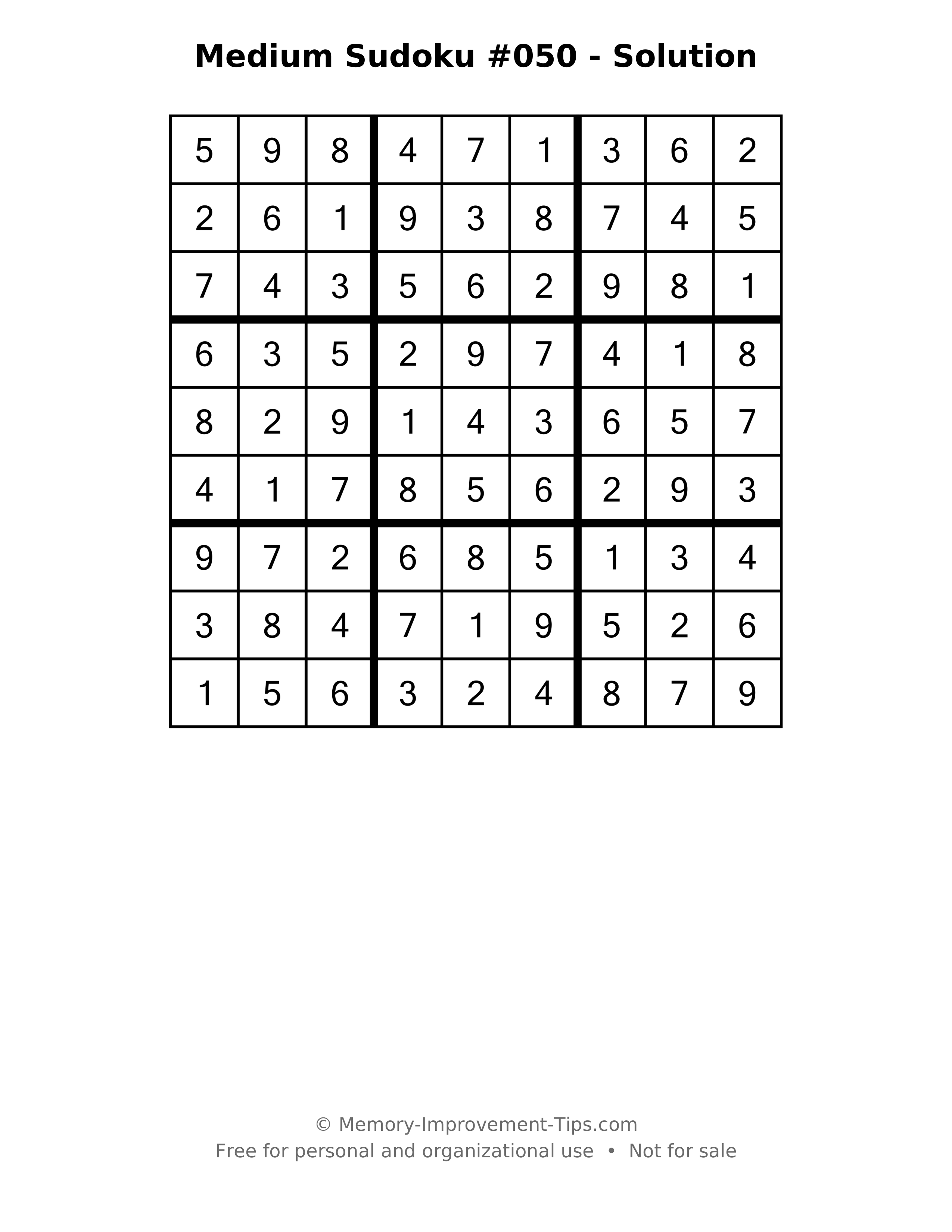 Printable solution: Medium Sudoku #050 - Solution