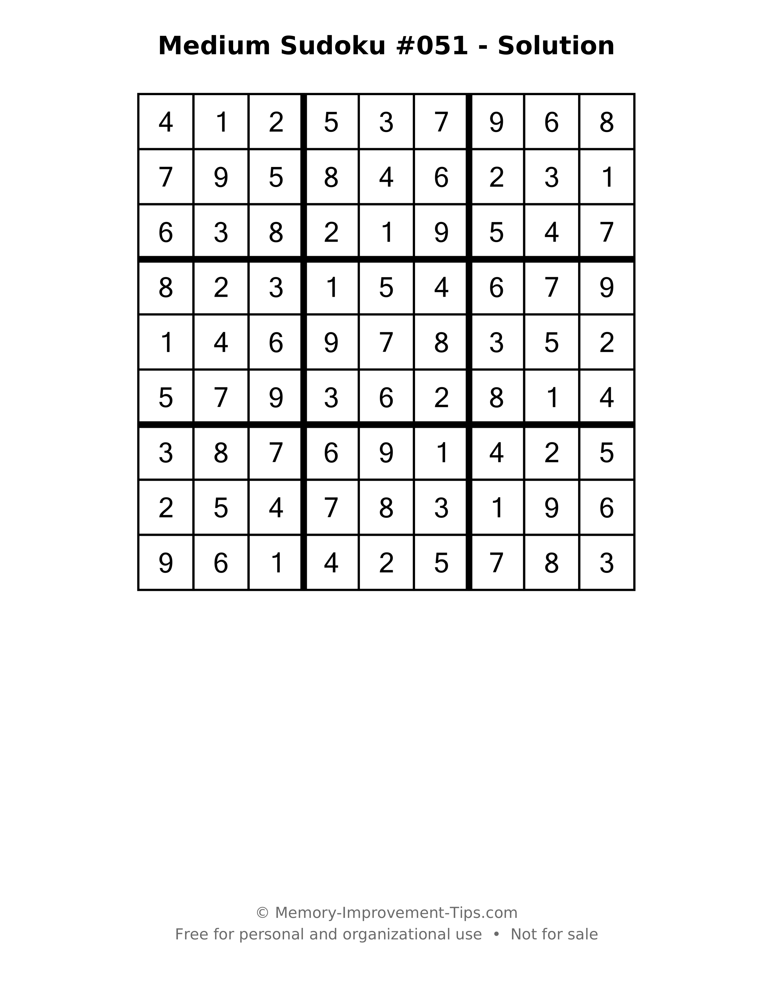 Printable solution: Medium Sudoku #051 - Solution