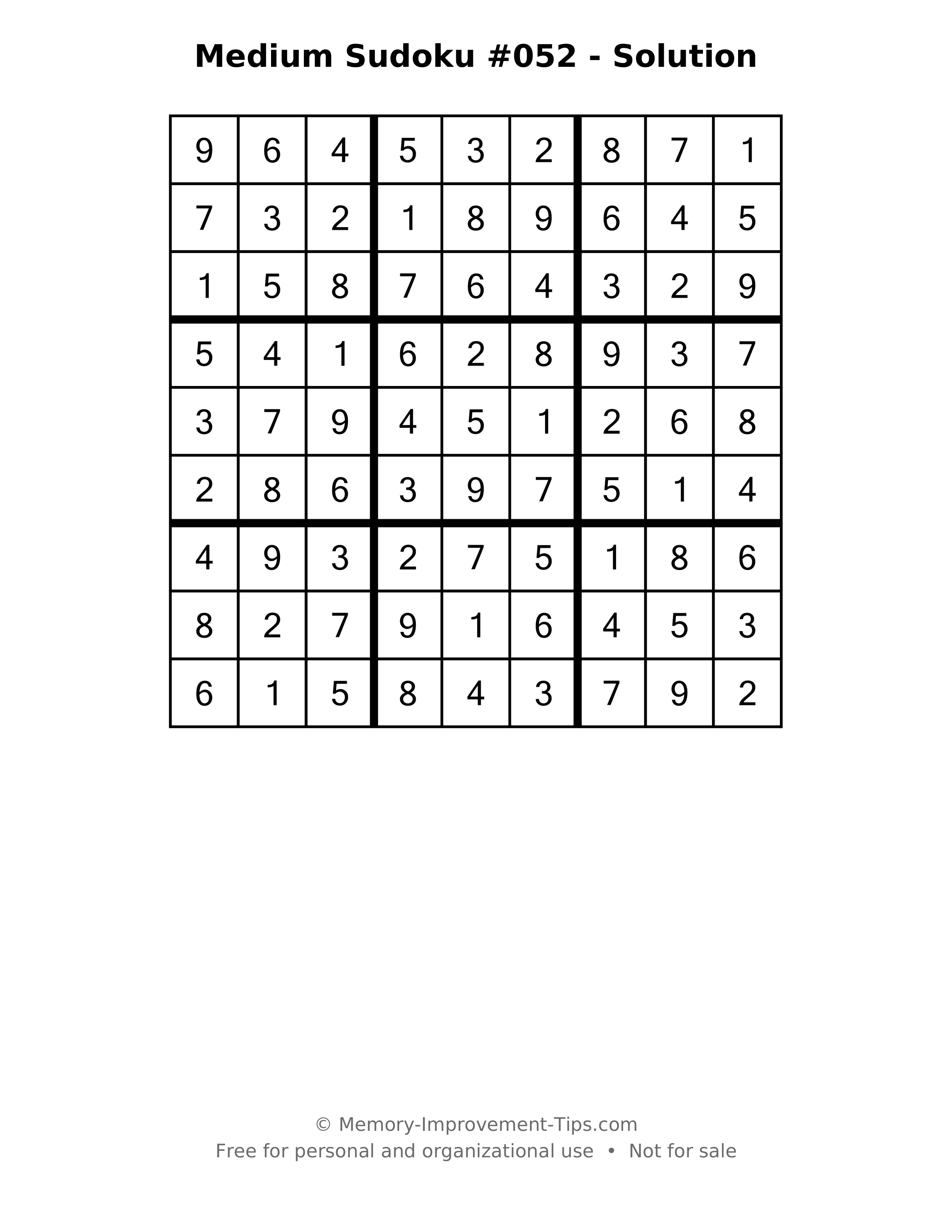 Printable solution: Medium Sudoku #052 - Solution