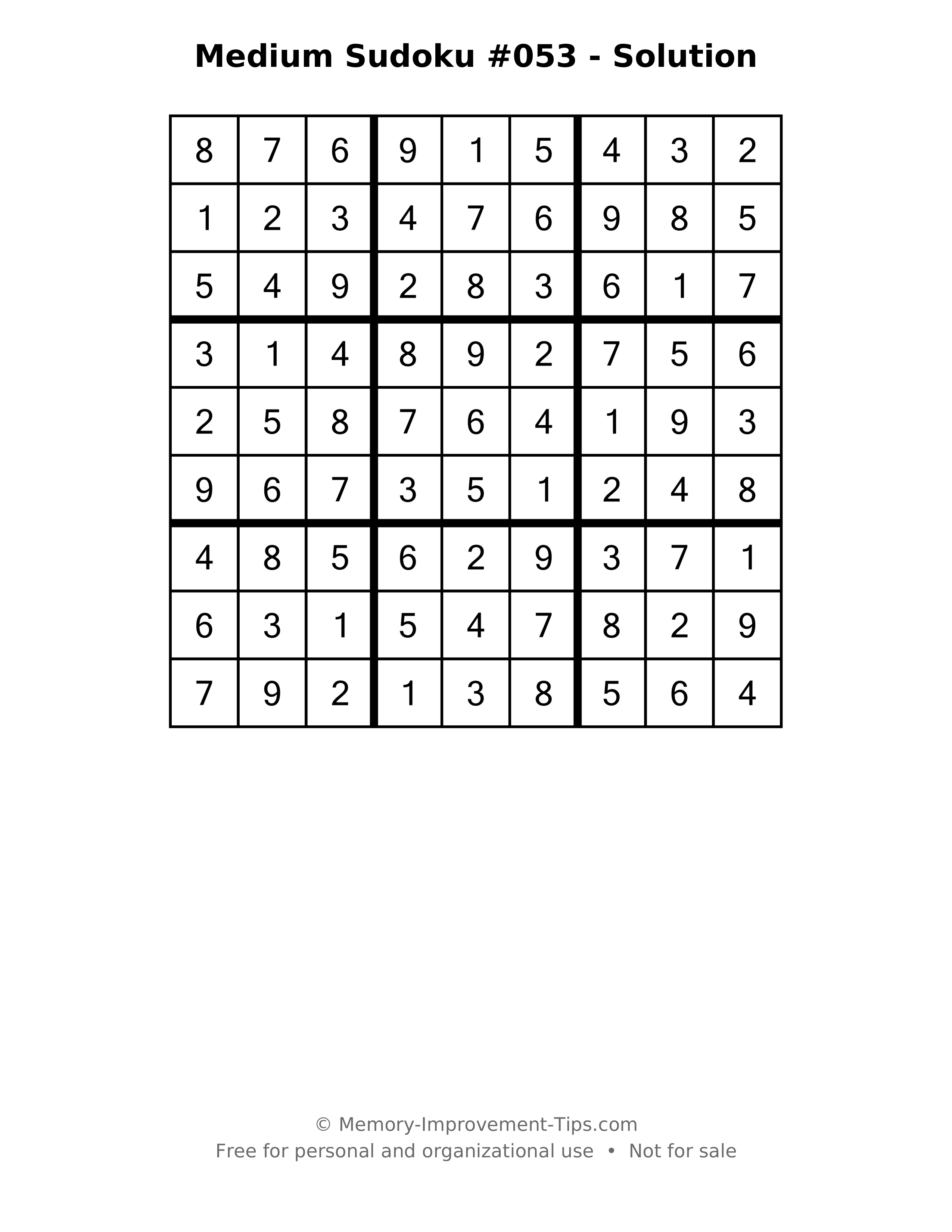 Printable solution: Medium Sudoku #053 - Solution