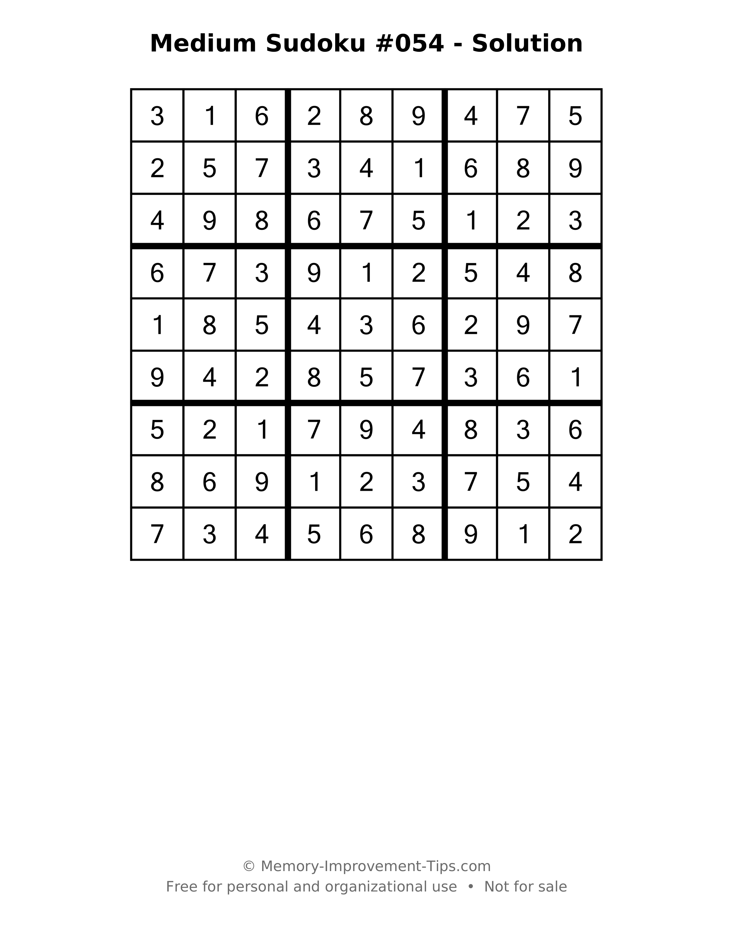 Printable solution: Medium Sudoku #054 - Solution