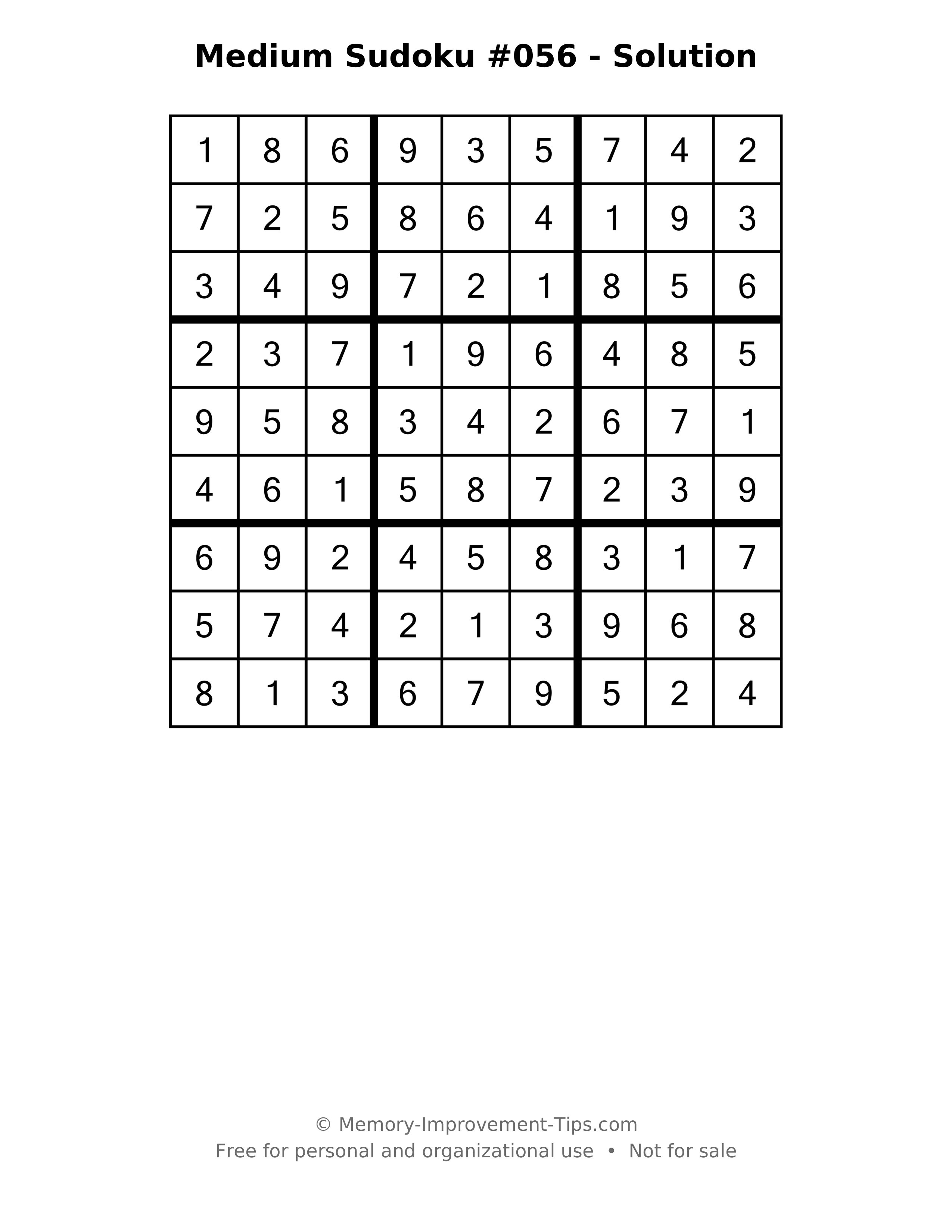 Printable solution: Medium Sudoku #056 - Solution