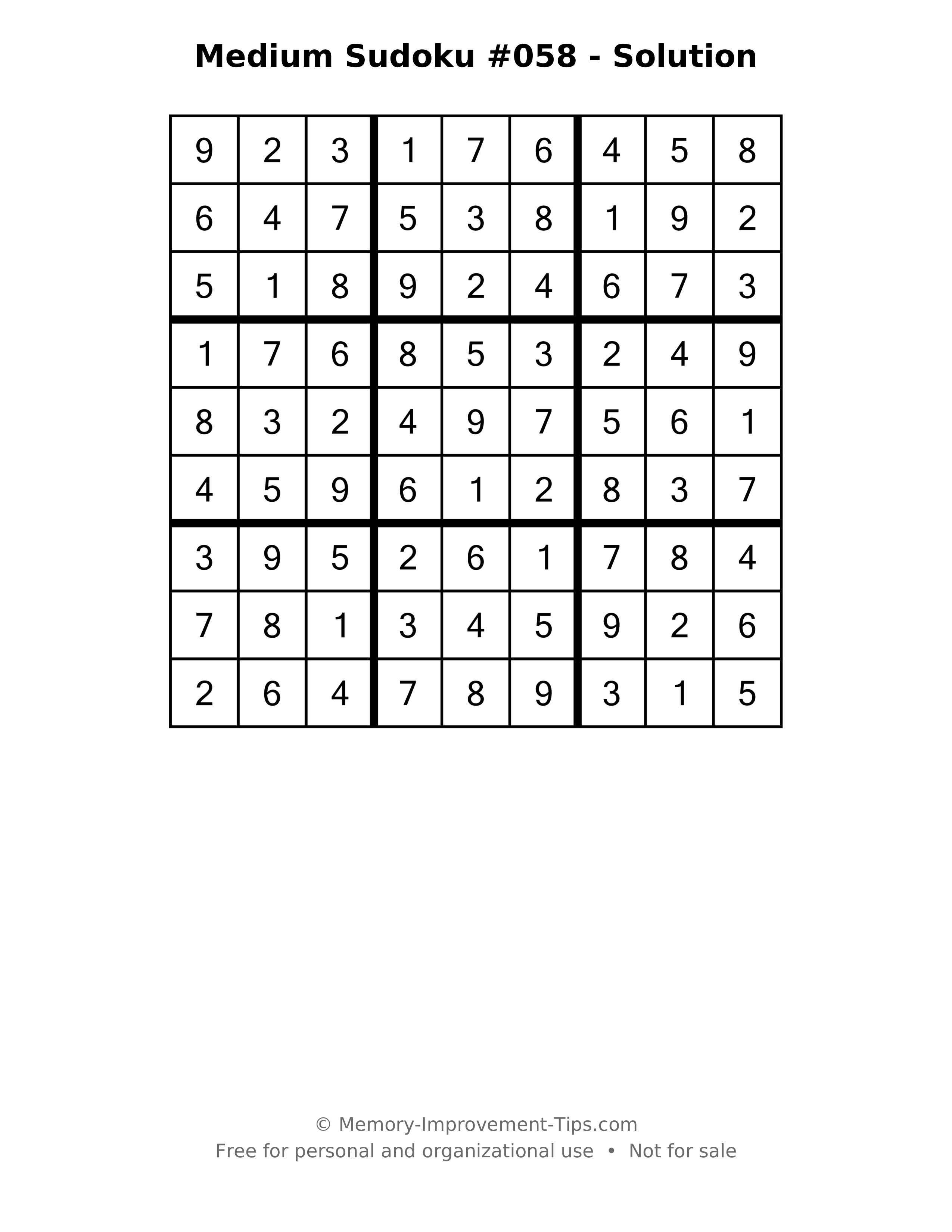 Printable solution: Medium Sudoku #058 - Solution