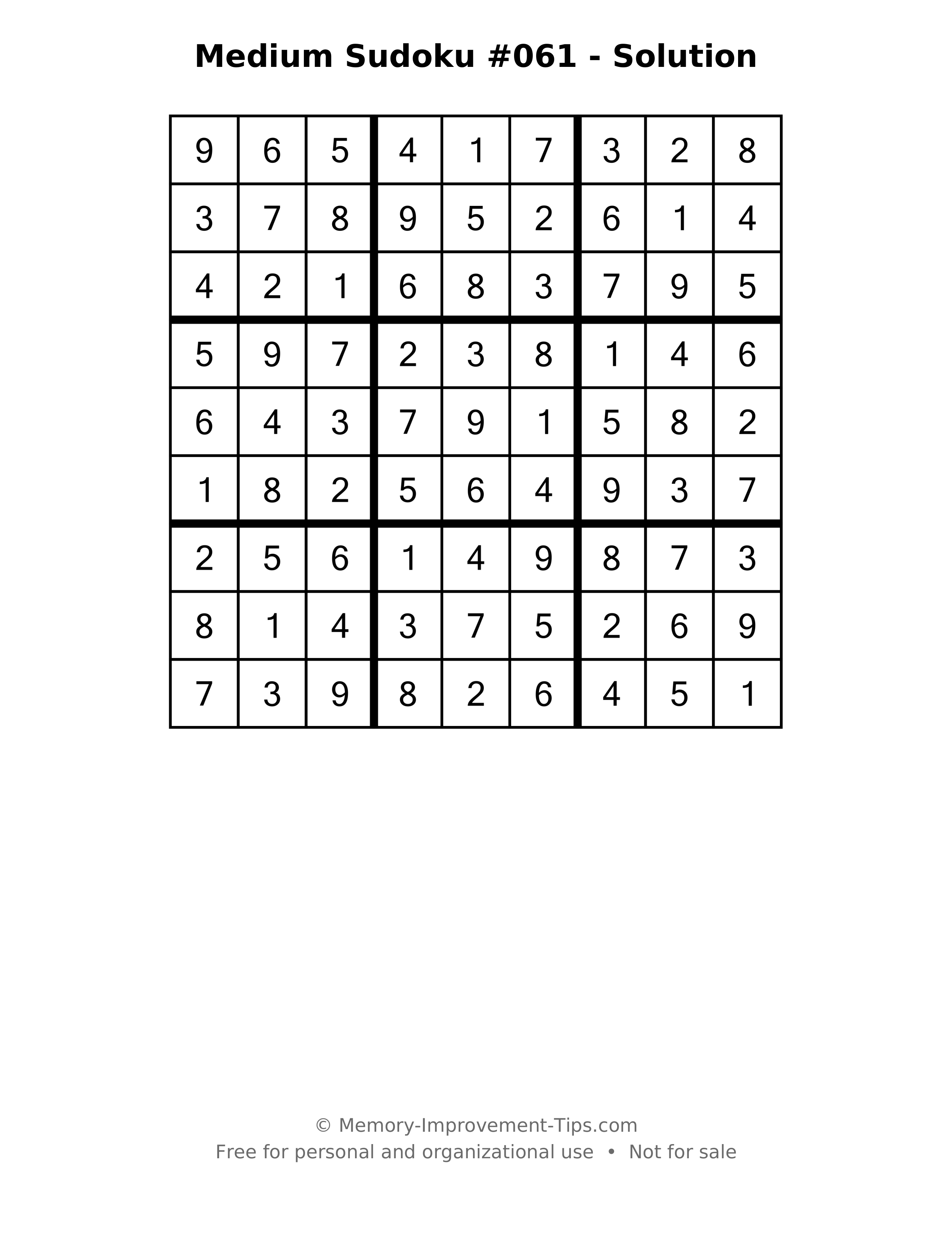 Printable solution: Medium Sudoku #061 - Solution