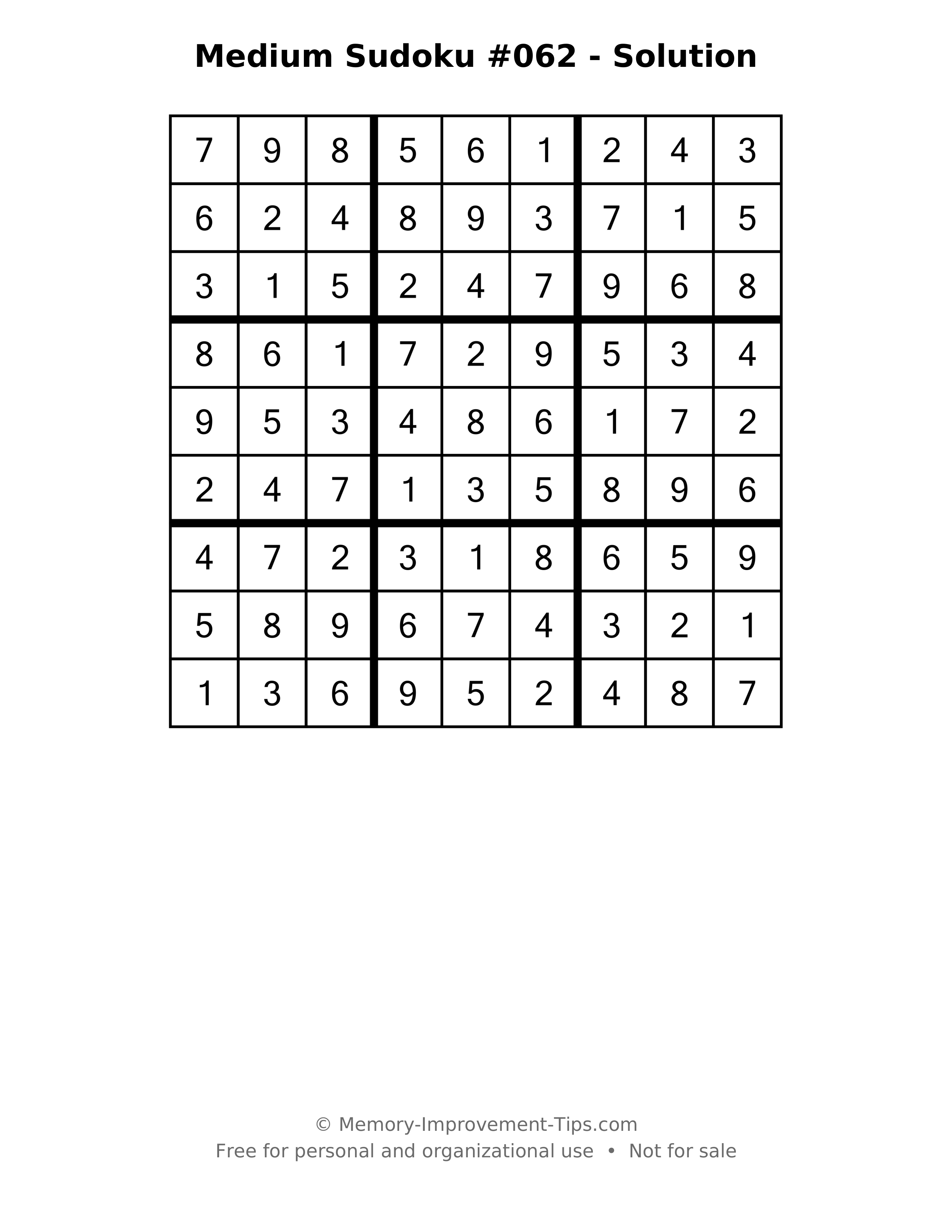 Printable solution: Medium Sudoku #062 - Solution