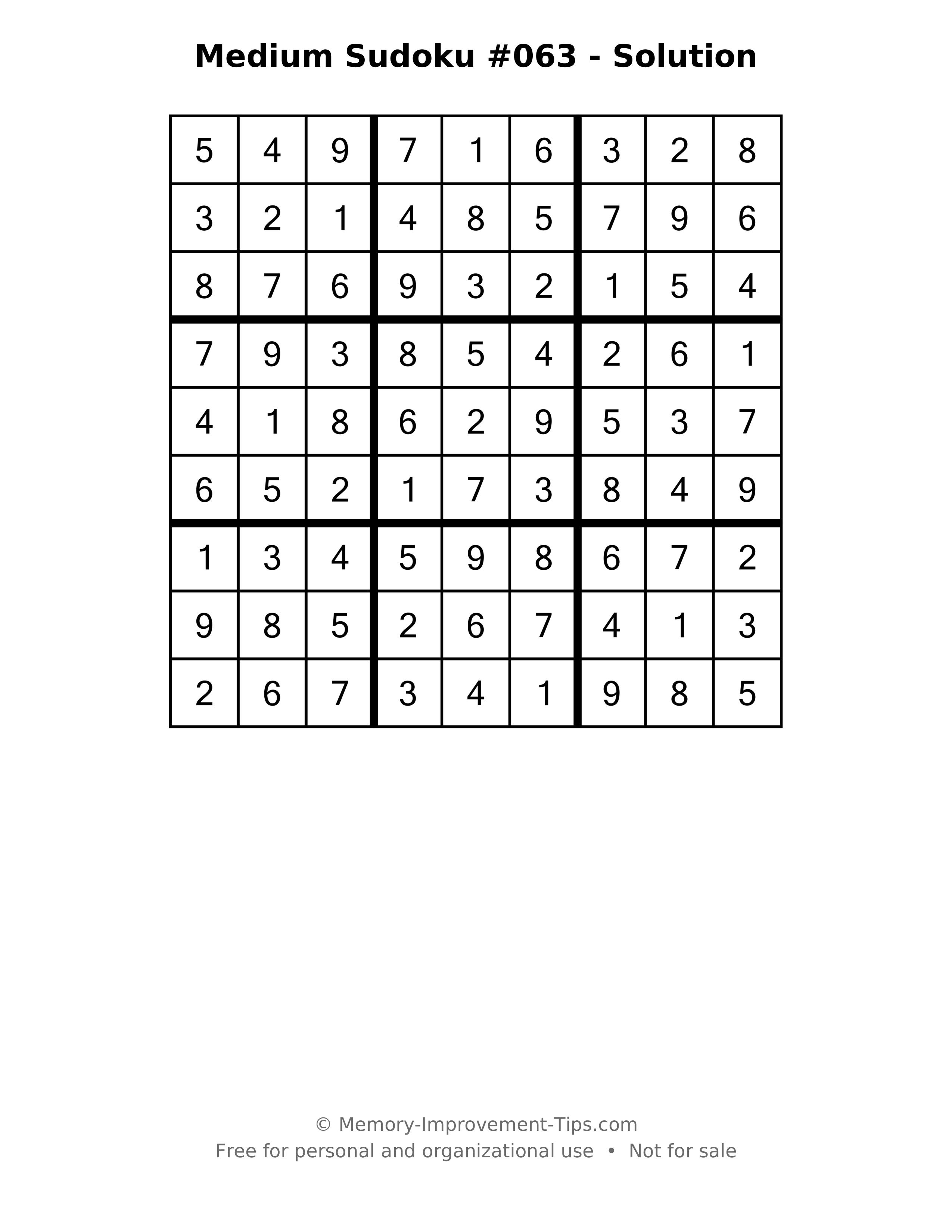 Printable solution: Medium Sudoku #063 - Solution