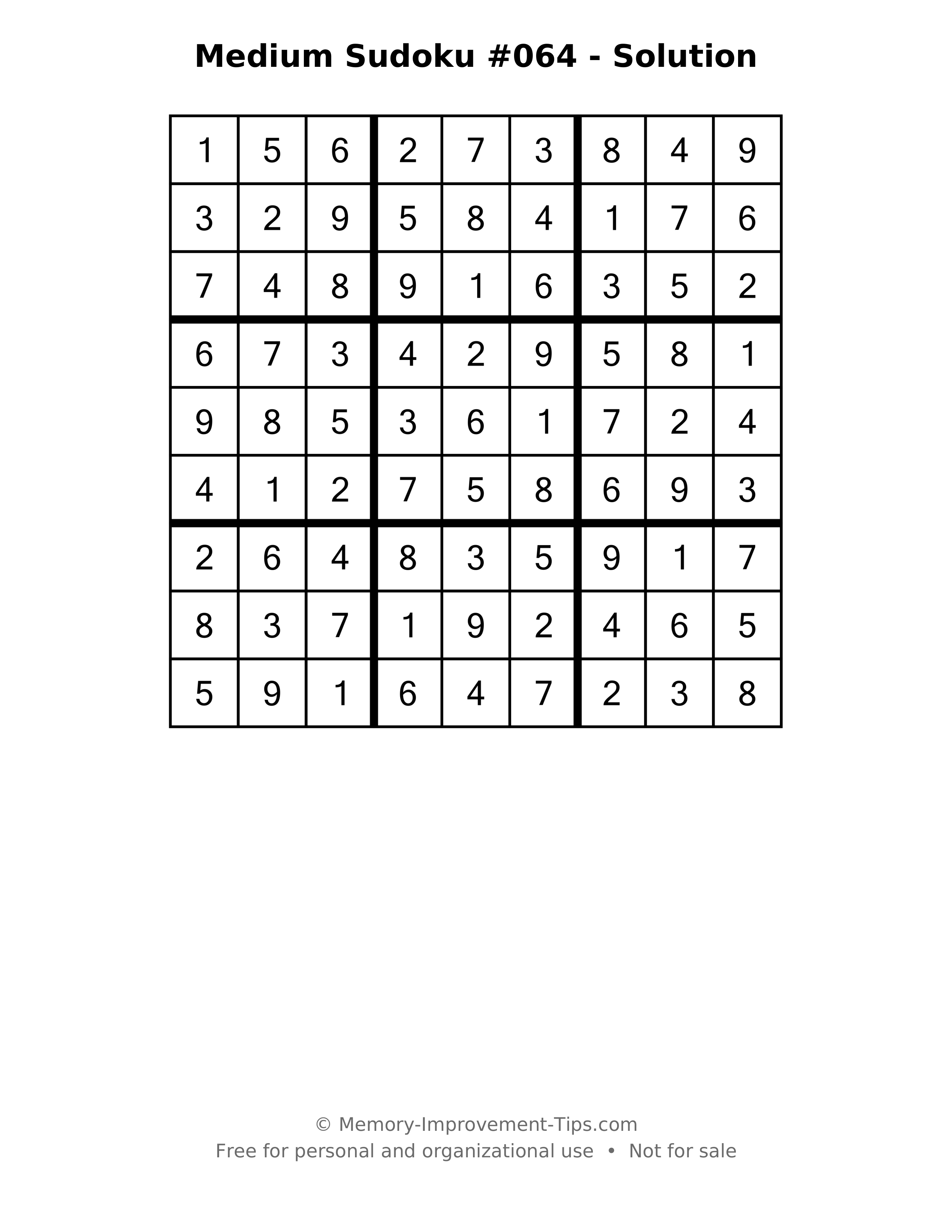 Printable solution: Medium Sudoku #064 - Solution