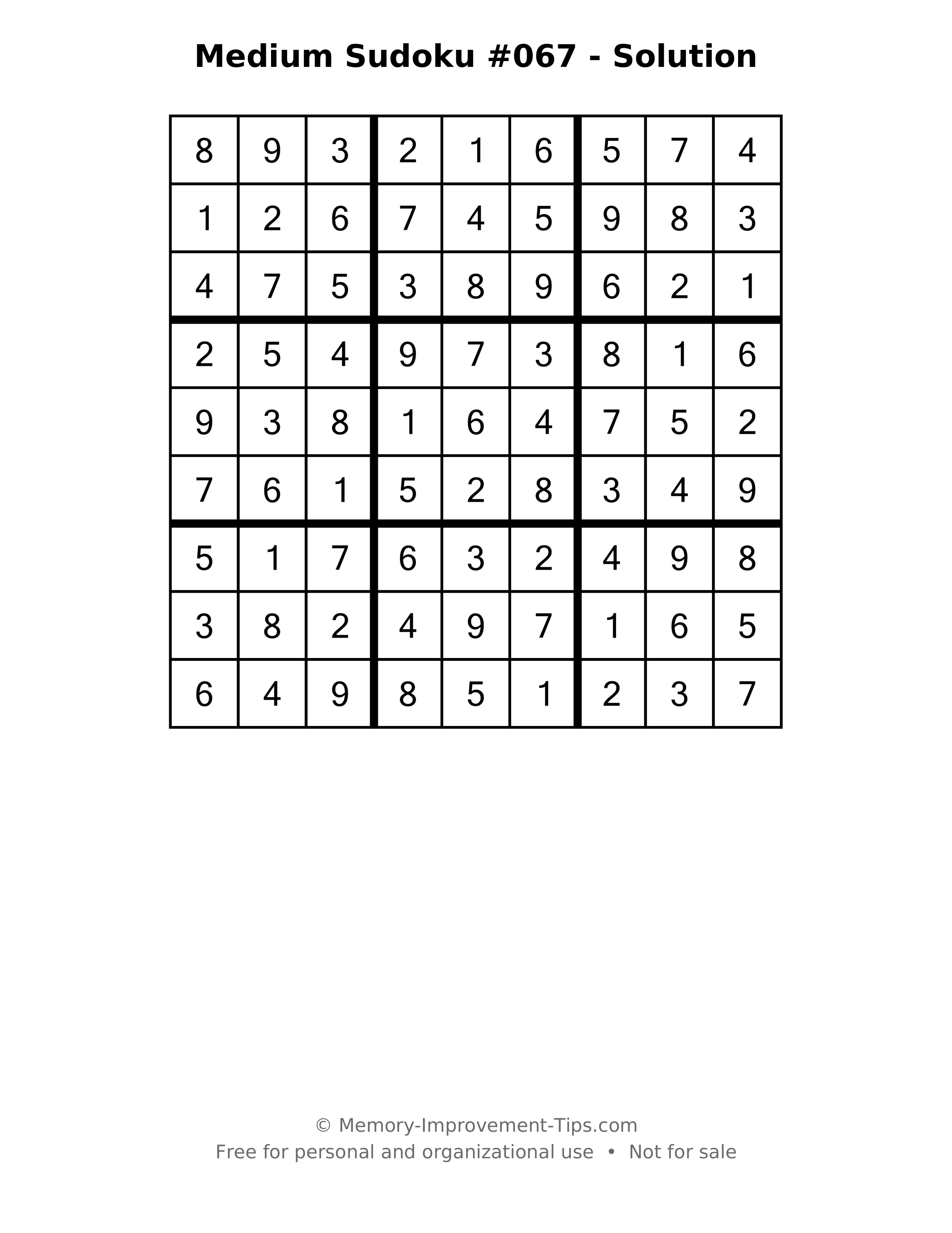Printable solution: Medium Sudoku #067 - Solution