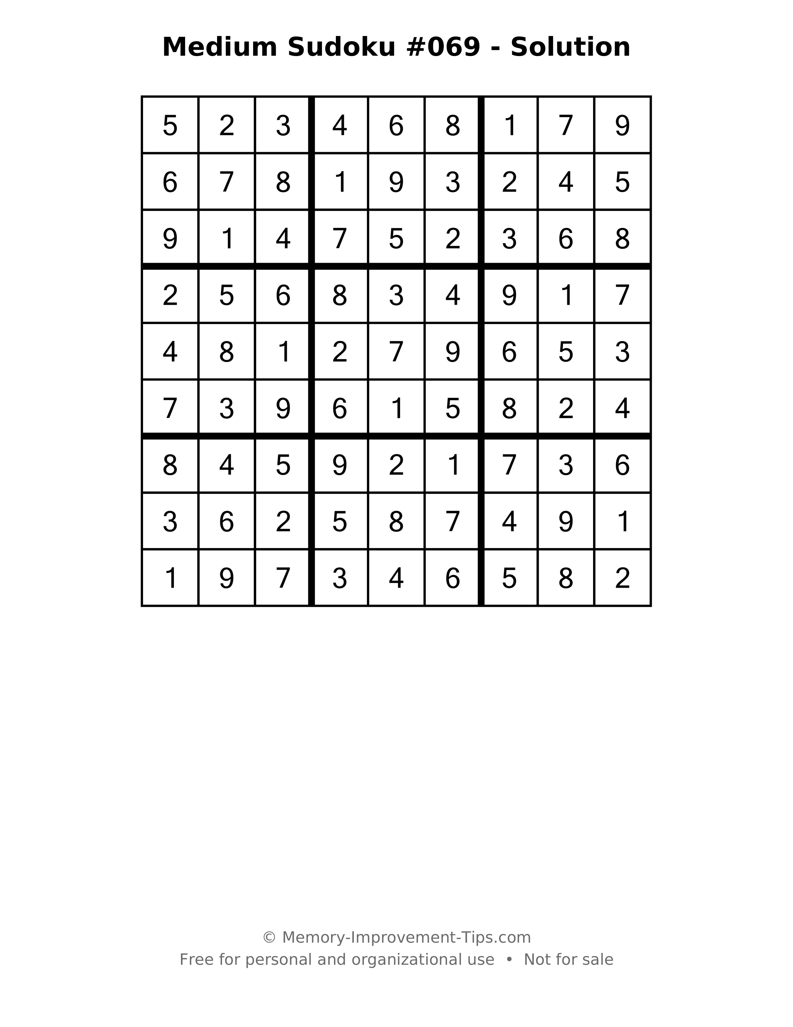 Printable solution: Medium Sudoku #069 - Solution