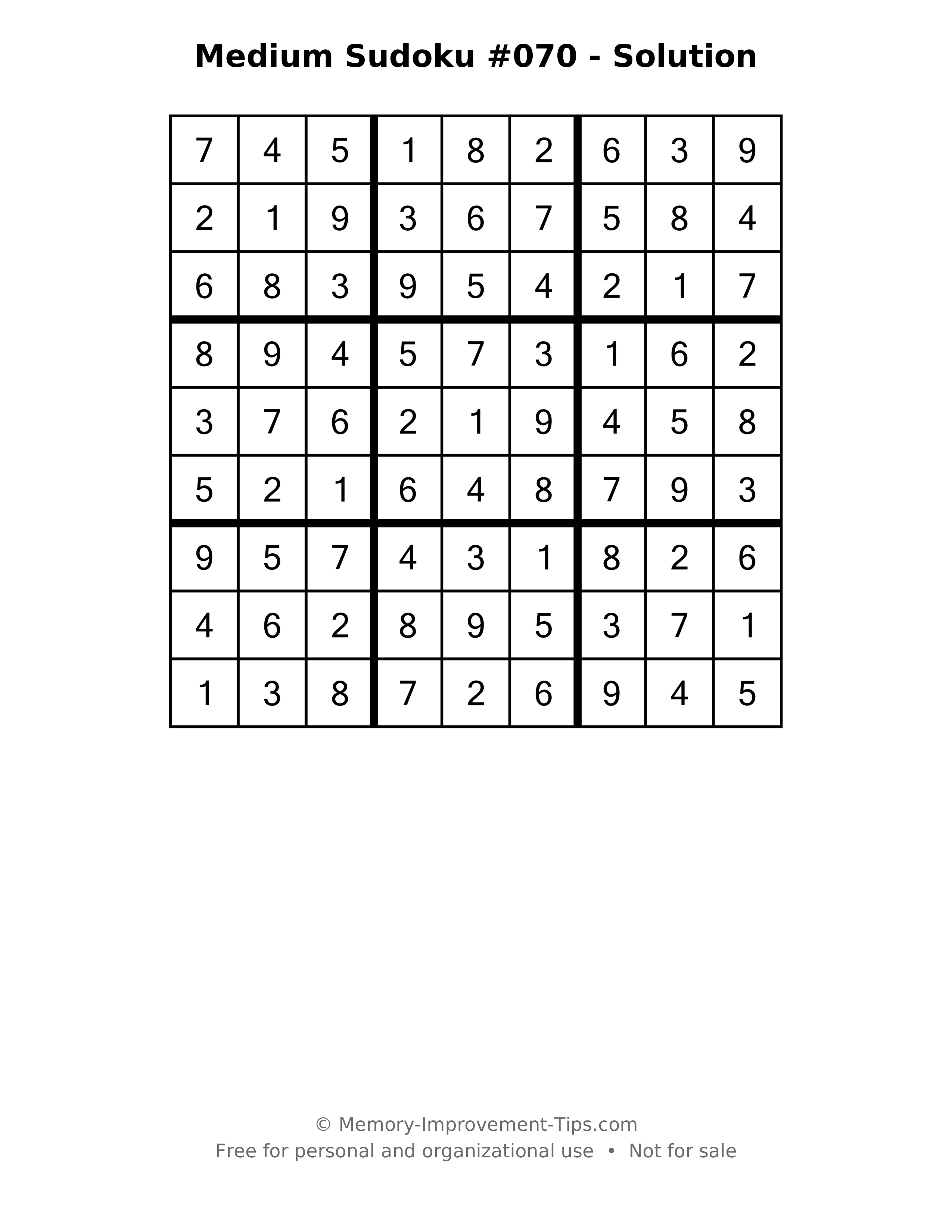 Printable solution: Medium Sudoku #070 - Solution