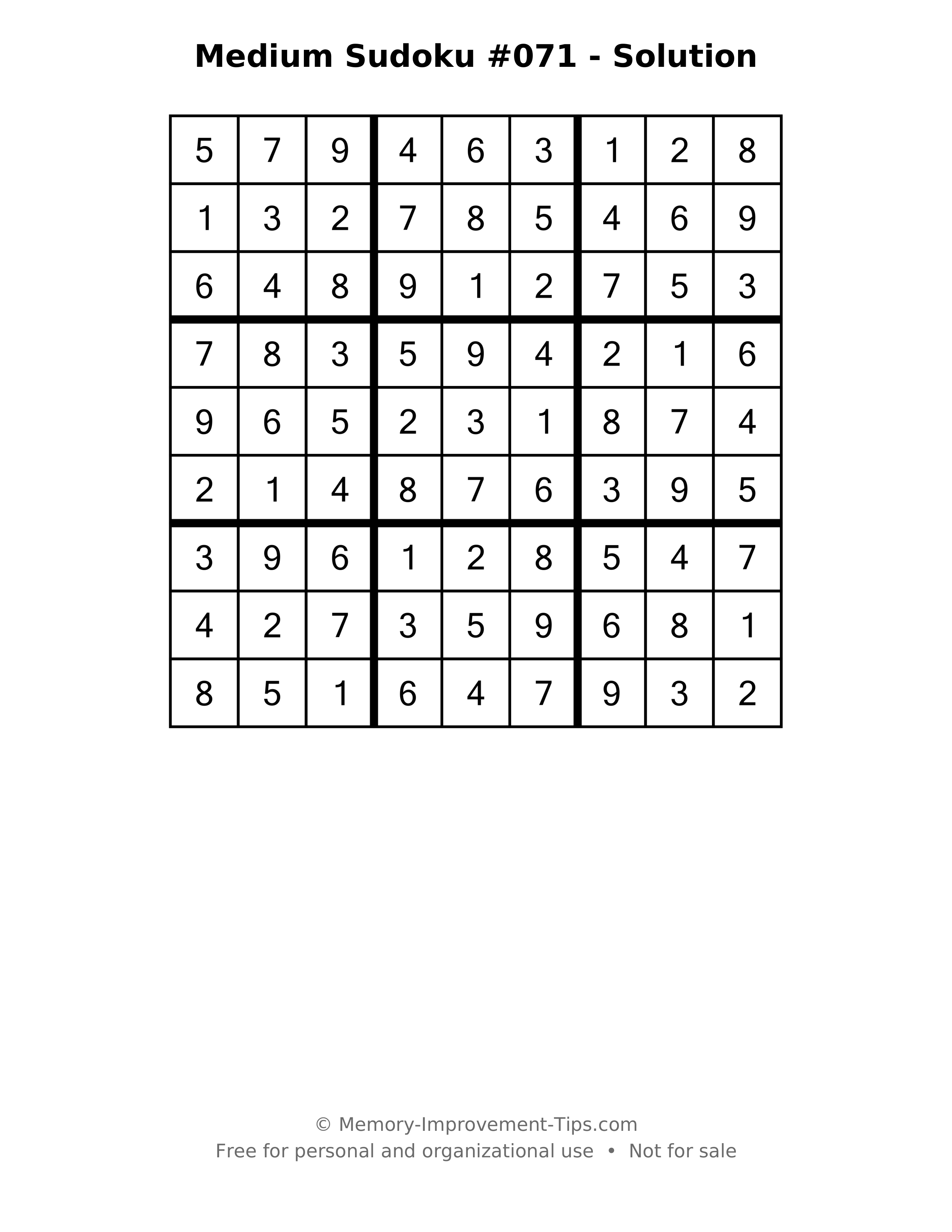 Printable solution: Medium Sudoku #071 - Solution