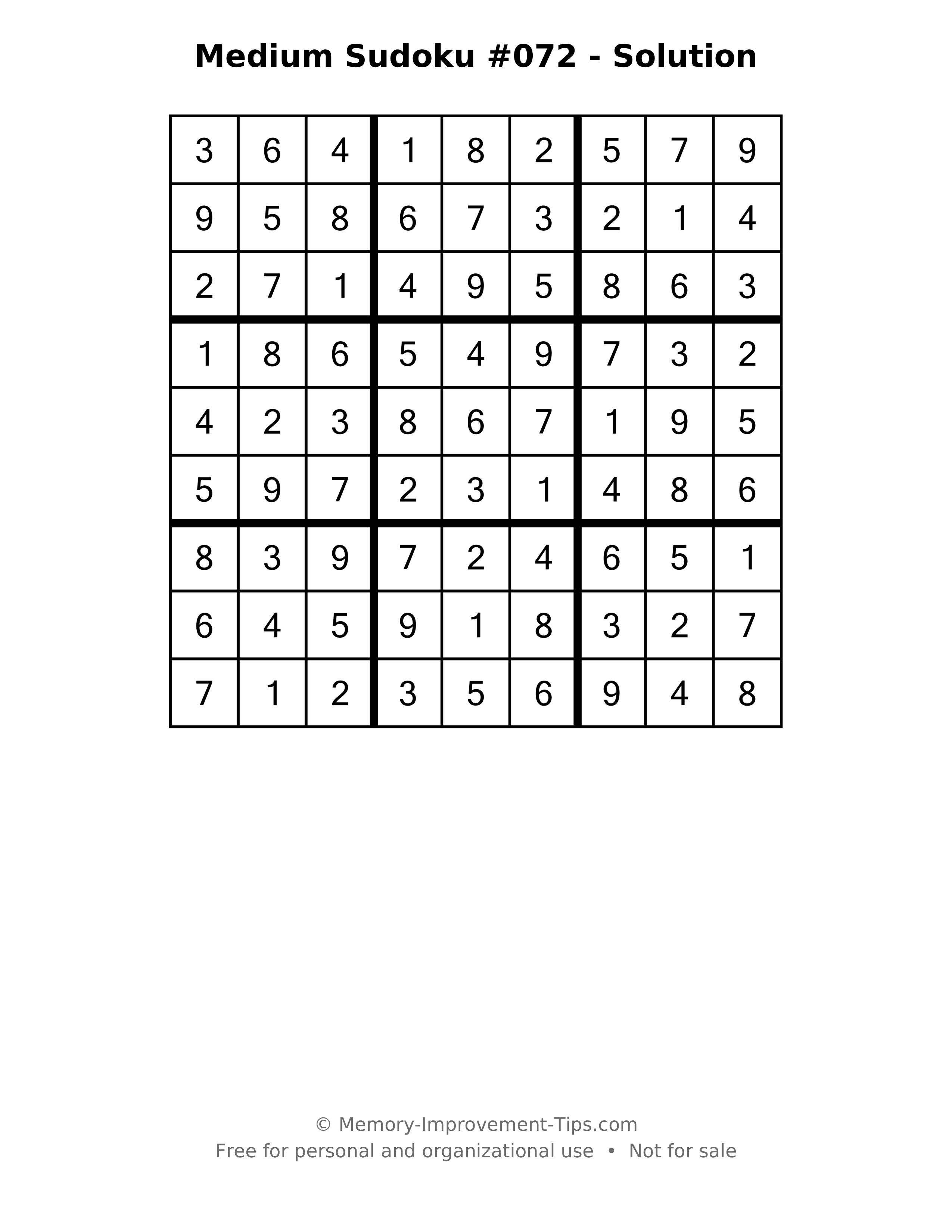 Printable solution: Medium Sudoku #072 - Solution