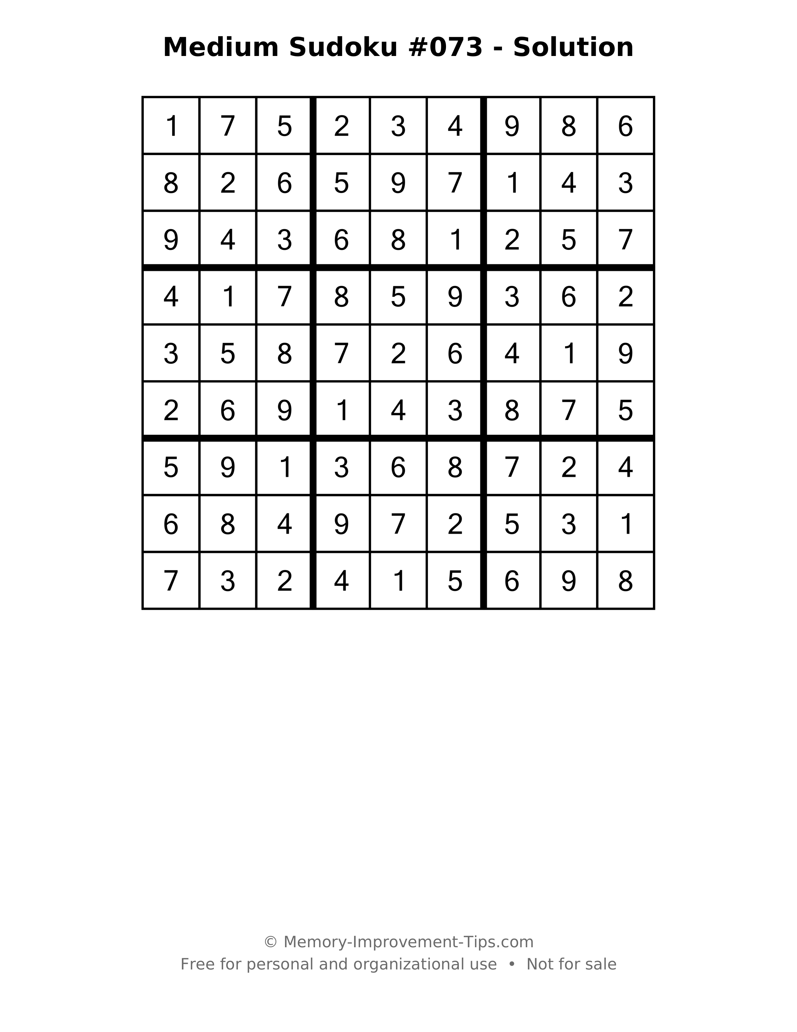 Printable solution: Medium Sudoku #073 - Solution