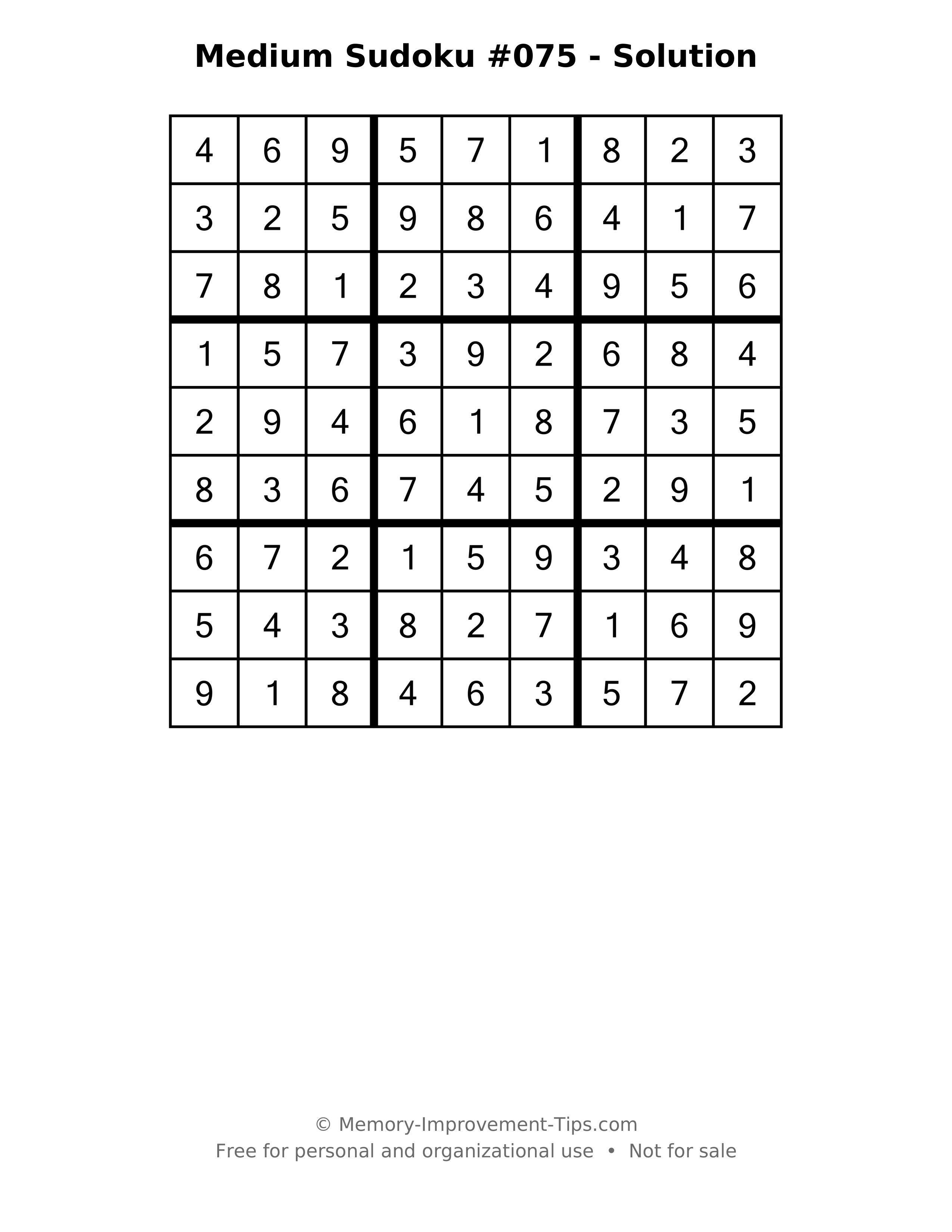 Printable solution: Medium Sudoku #075 - Solution