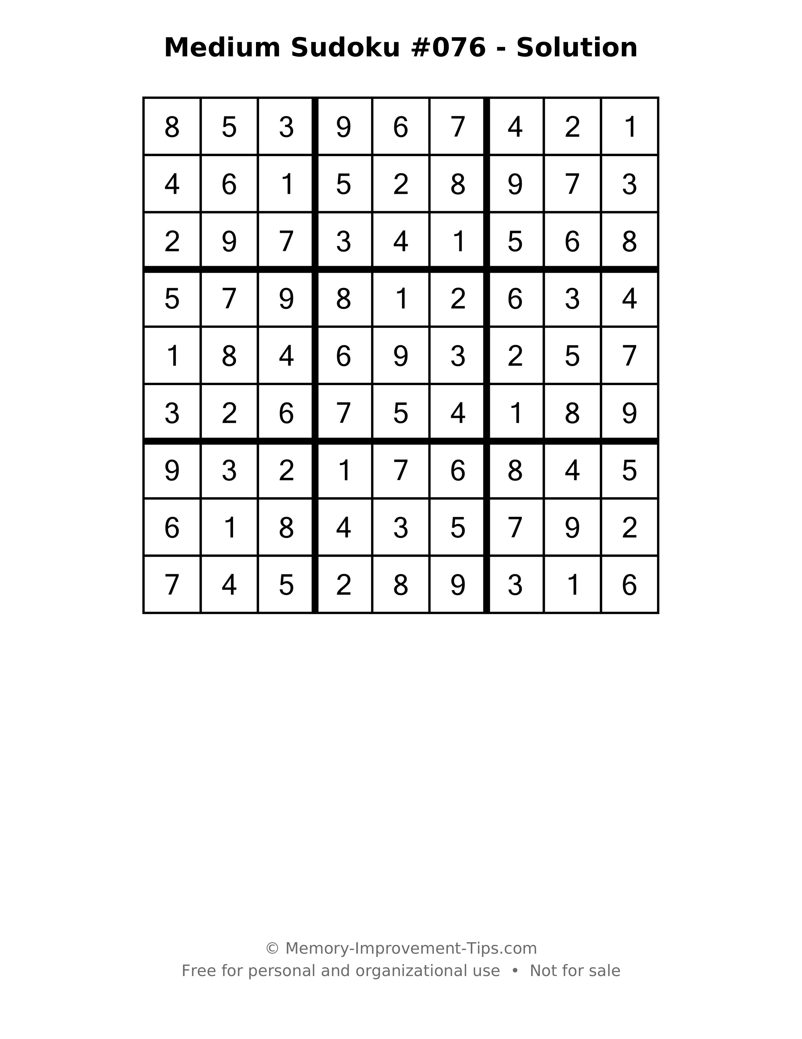 Printable solution: Medium Sudoku #076 - Solution